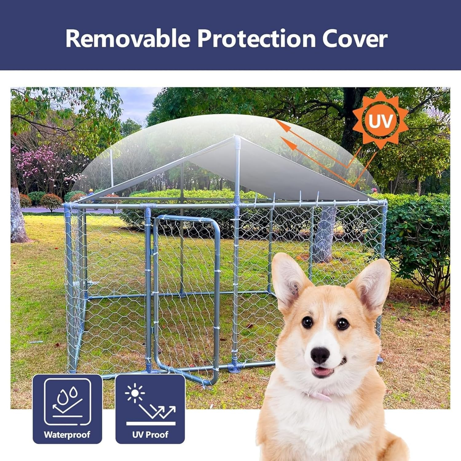 Outdoor Dog Kennel - Durable Galvanised Steel Construction with Safety Lock and UV Protected Canopy - Large Space for Exercise and Play (200 X 200 X 150 Cm)