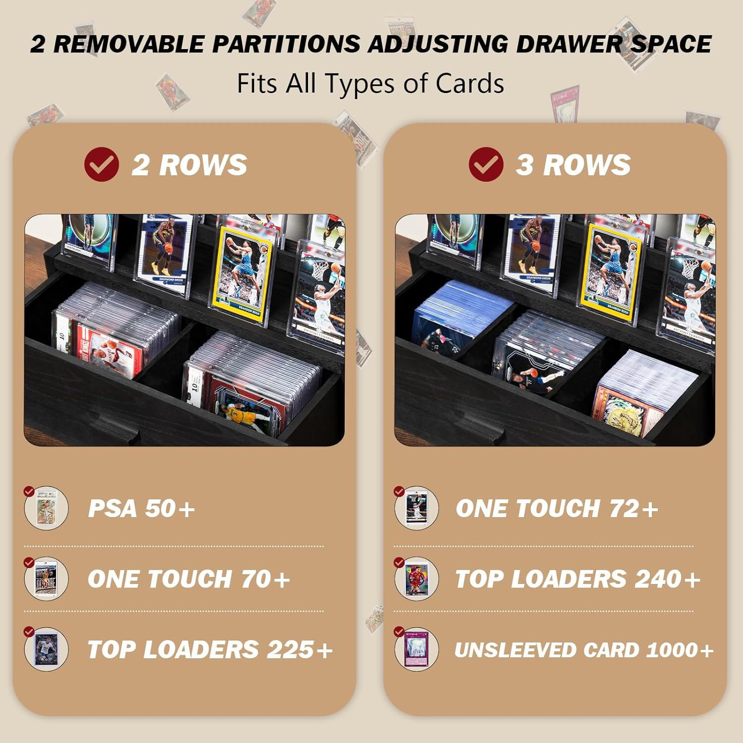 Trading Card Display, 3-Tier Trading Card Storage with Custom Drawer, Wood Graded Cards Display with Supporters and Dividers (Black) image number 2