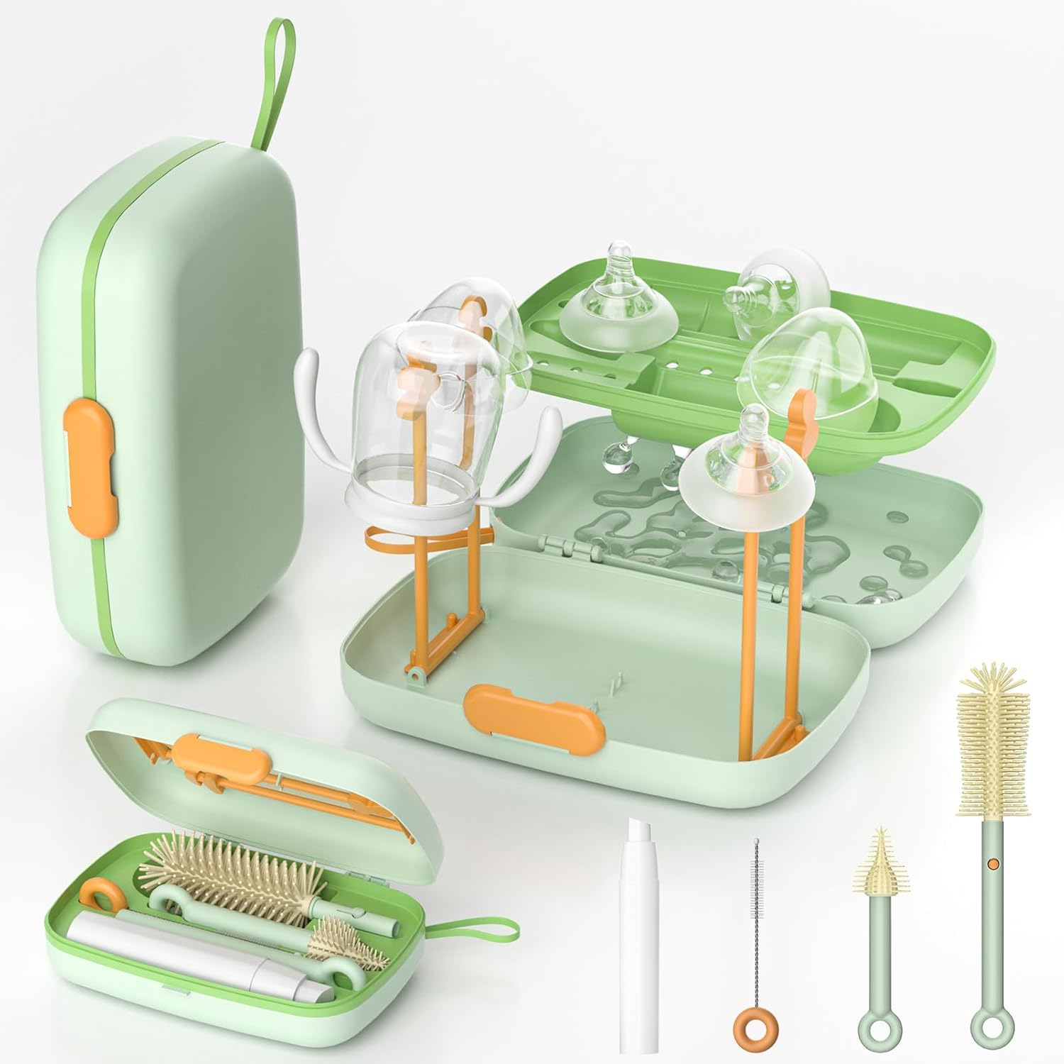 7 in 1 Baby Bottle Cleaner Set with Drying Rack, Draining Tray, Detachable Brushes for Bottles, Nipples, Straws, Soap Dispenser, Ideal Travel Gifts