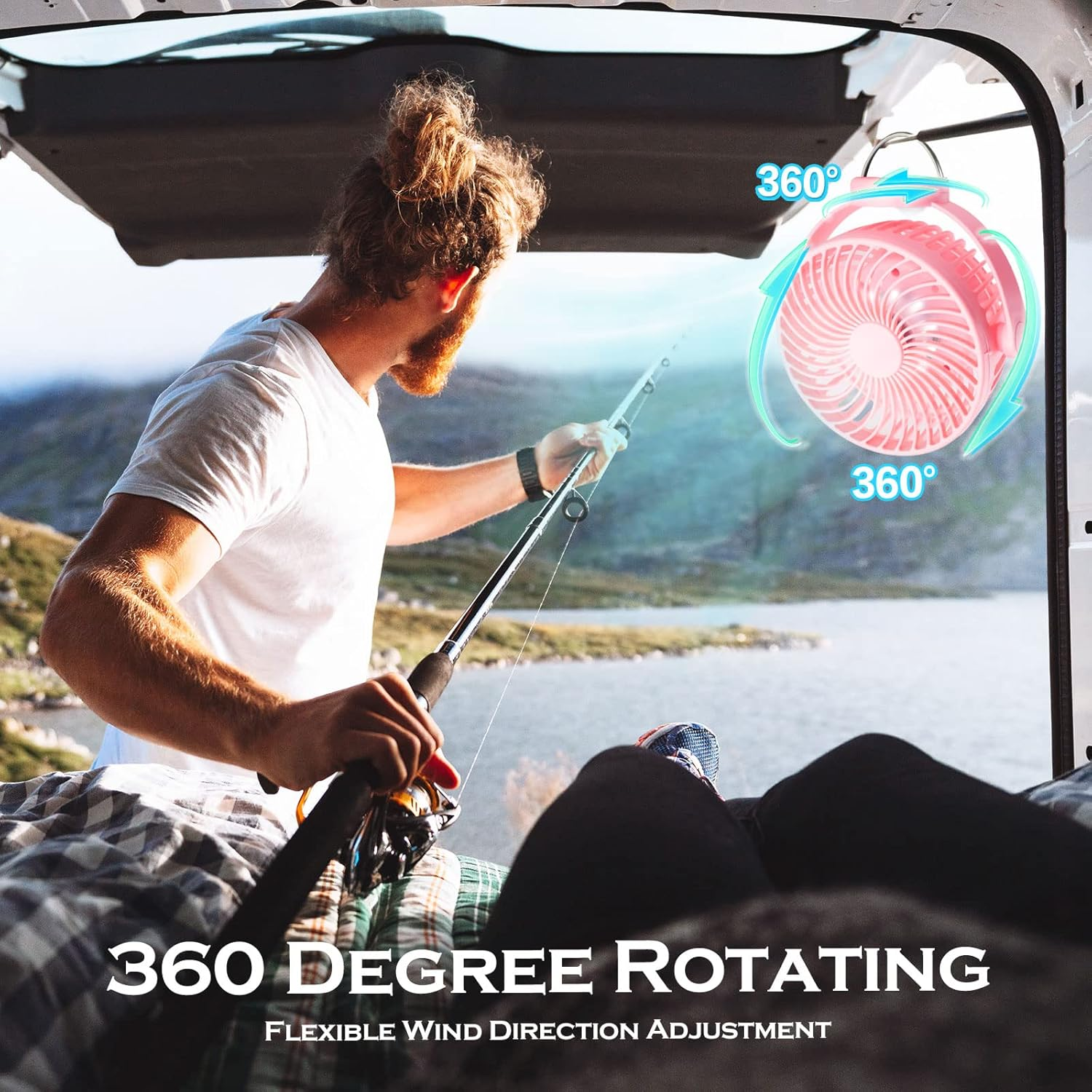 Hianjoo Stroller Fan with LED Light, 5200 Mah Desk Fan Silent Camping Fans with Hook 360&deg; Rotation Flexible Portable Rechargeable Electric Powerful Cooling Fan for Office/Camping/Car/Bbq/Gym, Pink image number 4