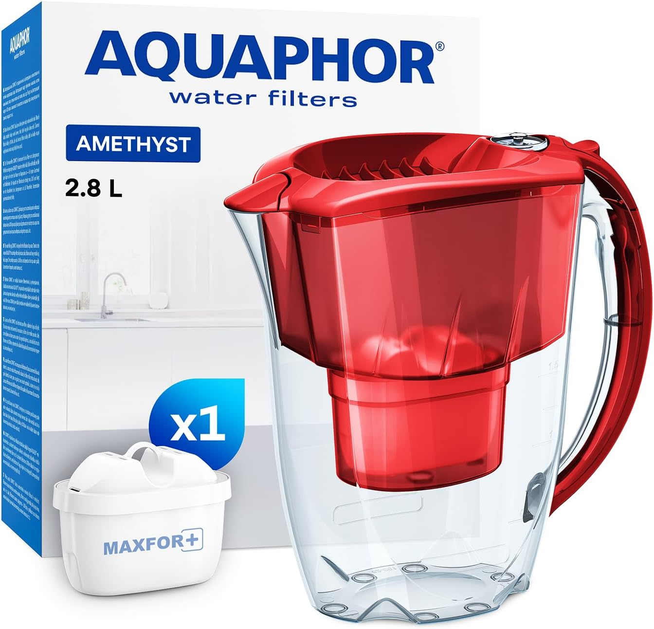 AQUAPHOR Water Filter Jug Amethyst Red 1 X MAXFOR+ Filter Included I Capacity 2.8L I Fits in the Fridge Door I Reduces Limescale Chlorine & Microplastics