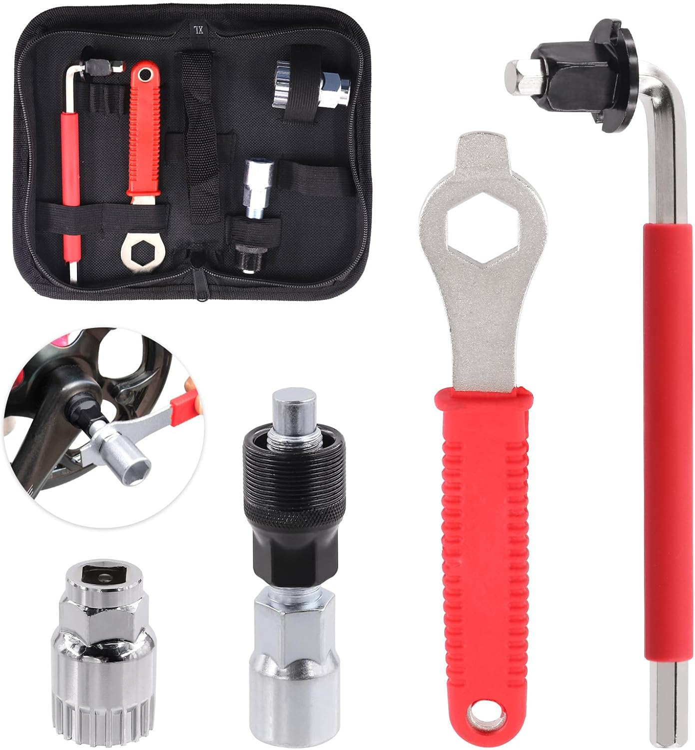 Swpeet 6Pcs Steel Bicycle Repair Tool Kit, Portable Emergency Accessories, Includes Bike Crank Extractor, Bottom Bracket Remover, 16Mm Spanner Wrench, Allen Wrench, Square Nut, Portable Bag image number 1