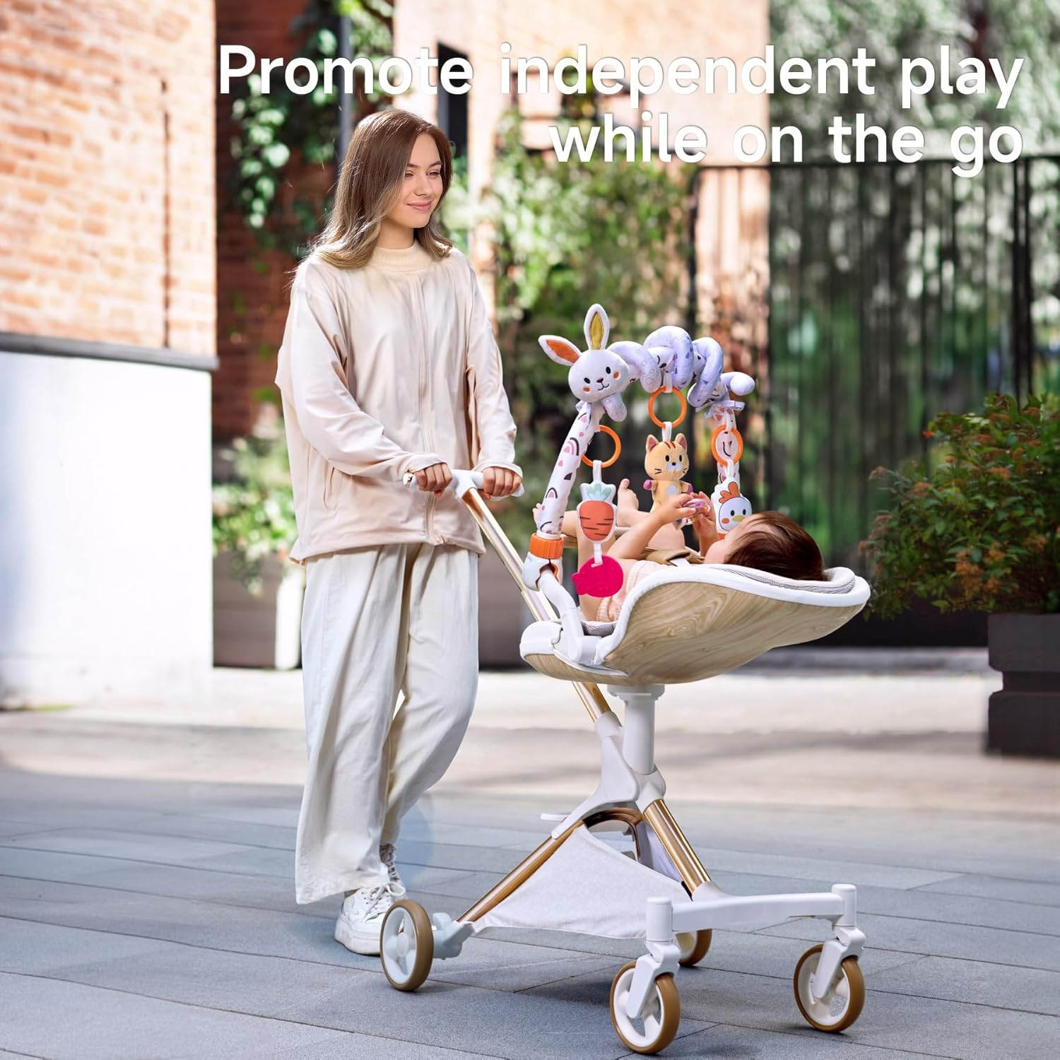 TUMAMA 2 in 1 Spiral Car Seat Toys for Babies 0-6 Months, Stroller Toys for Infant 0-6 Months Arch Hanging Toys with Clip Adjustable Detachable Sensory Travel Crib Bouncer Bassinet Activity Toys