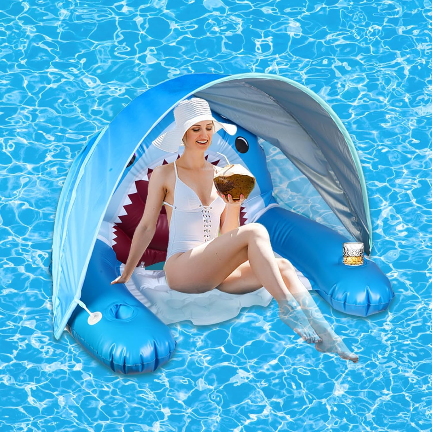 Inflatable Shark Pool Floats Chair with Canopy, Cup Holders for Adults | Large Pool Lounge Chairs with Adjustable Sunshade, Drink Holder and Ergonomic Headrest | Beach Floats Pool Chair image number 3