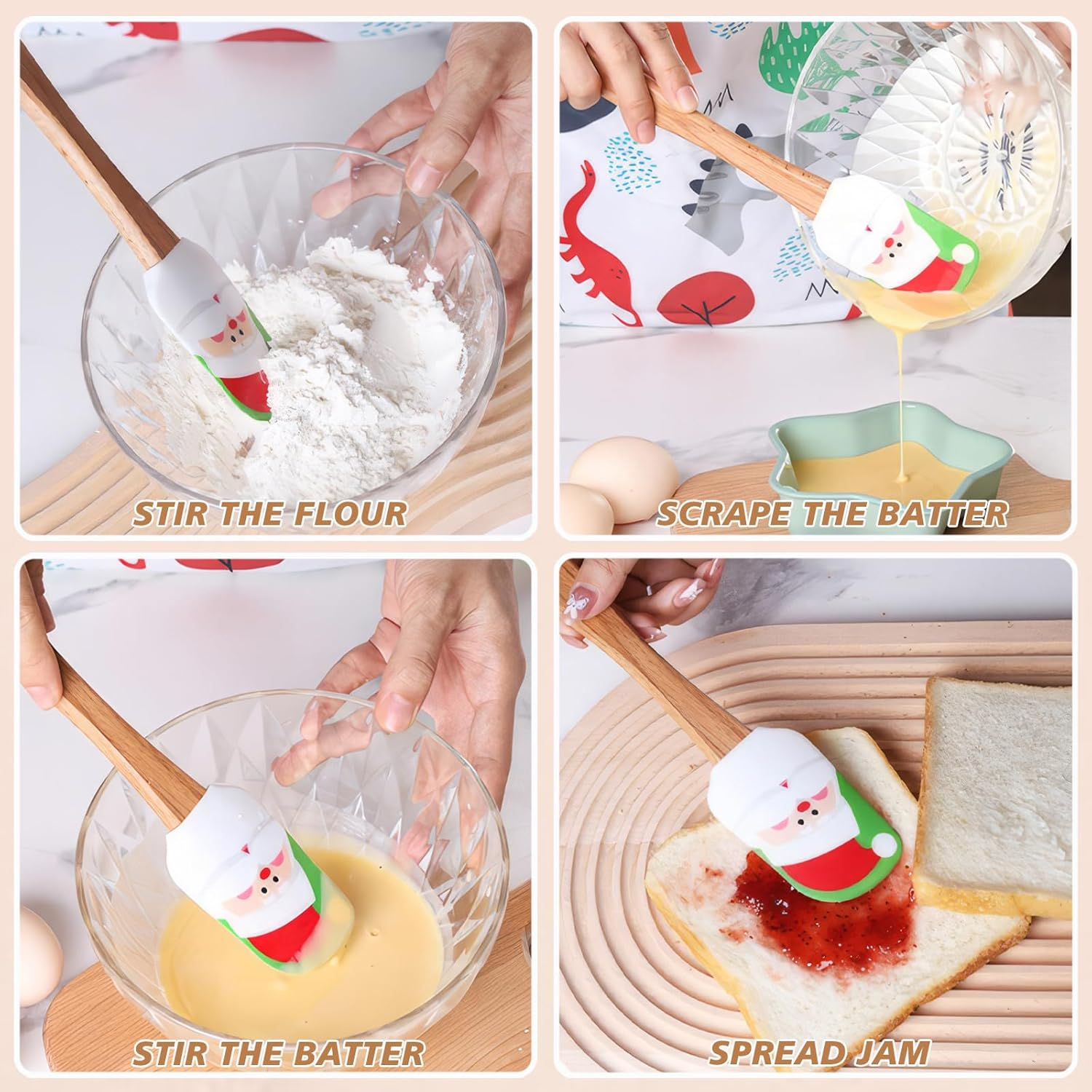 Silicone Spatula, Caliamary 3 Pieces Kitchen Mini Silicone Spatula Set, Christmas Cake Decorating Spatula with Wooden Handle, Snowman Gingerbread Man and Santa Claus Pattern (3) image number 5