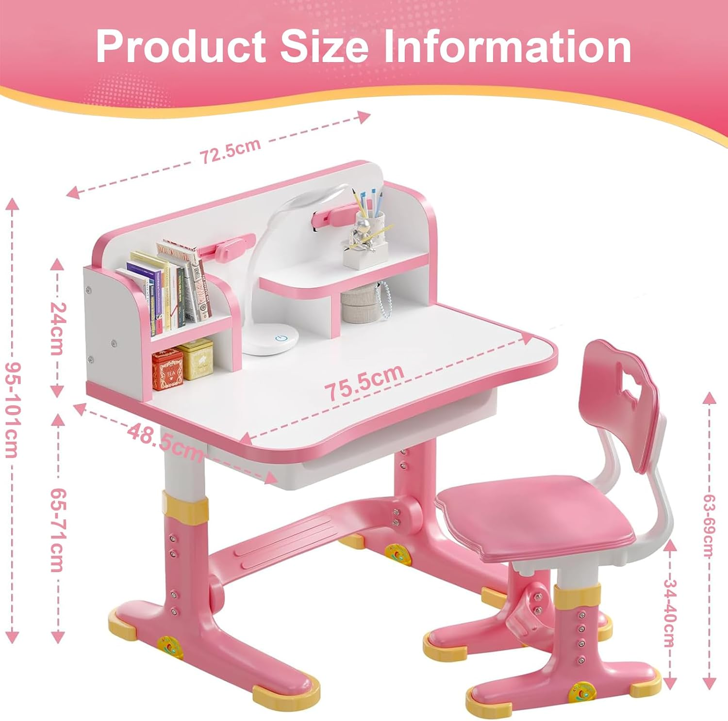 Kids' Desk Chair Sets,Adjustable Height Children Kids Study Desk and Chair Set, Multifunctional School Student Writing Study Table and Set with Storage Drawer,Pink image number 2