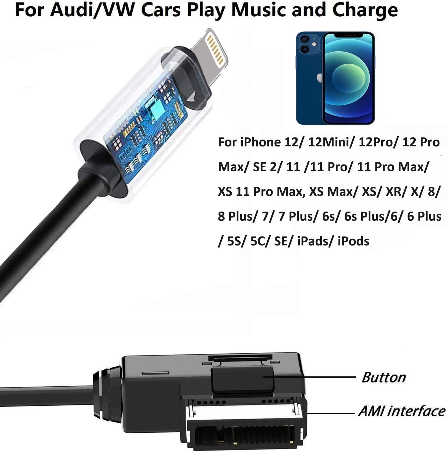 AMI MMI MDI Aux Interface Adapter Cord for Iphone 12 11 Xs Max XR X 8 7 6 Compatible with Audi A3/A4/A5/A6/A8/S4/S6/S8/TT, Car Audio Charging Dongle Compatible for VW Tiguan CC Magotan