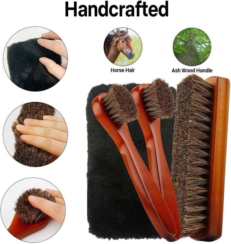 Shoe Brush 4 Pieces Horsehair Shoe Brush Shoe Brush Polish Kit Horse Hair Brush for Leather Cleaner Brush with Shoe Shine Cloth Leather Shoes Boot Cleaning Brush Care Clean Dauber Applicators image number 2