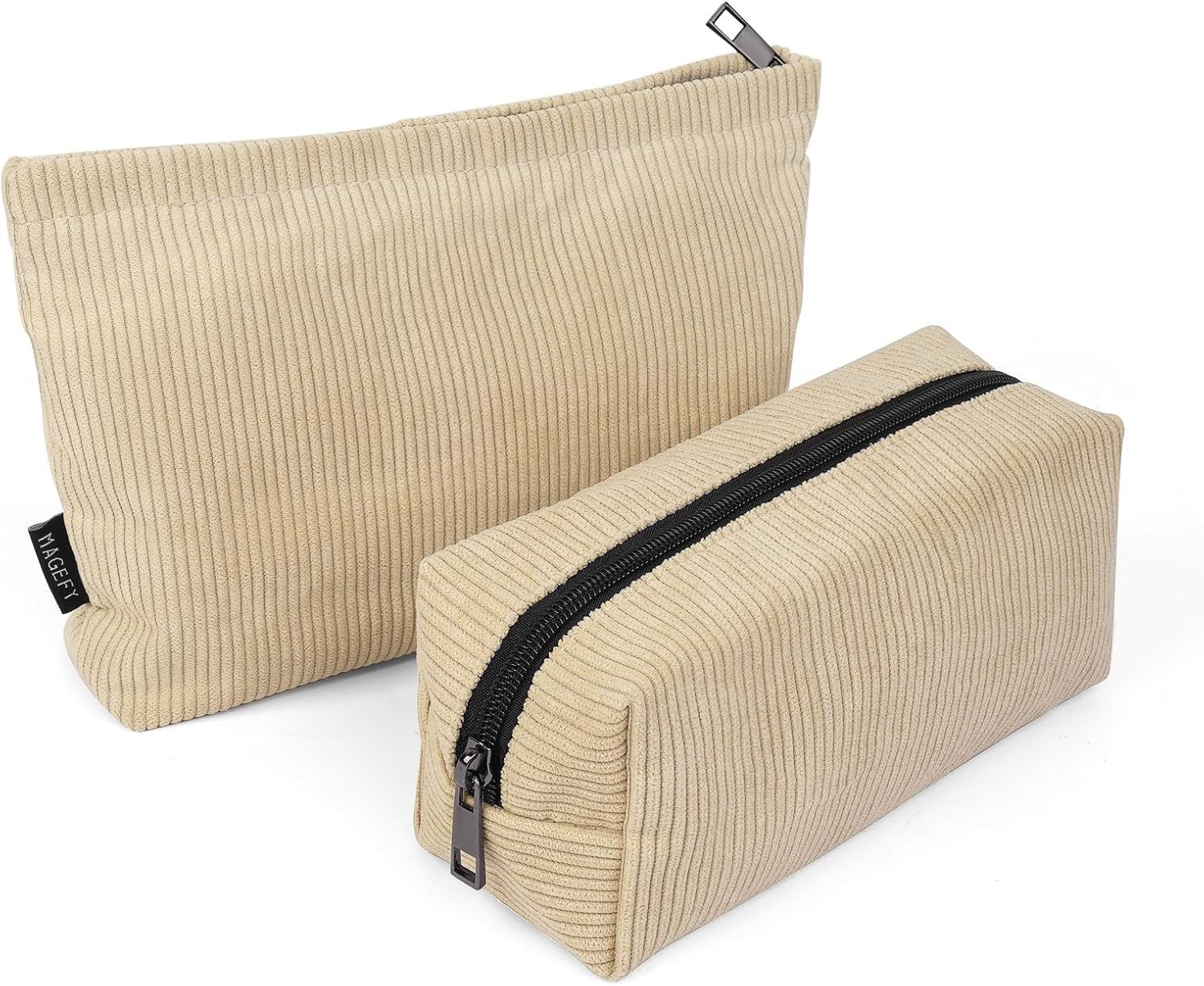 MAGEFY 2 Pcs Makeup Bags for Women, Corduroy Make up Bag for Purse Travel Makeup Bag Small Cosmetic Bags with Zipper Makeup Pouch for Travelling(Beige) image number 1
