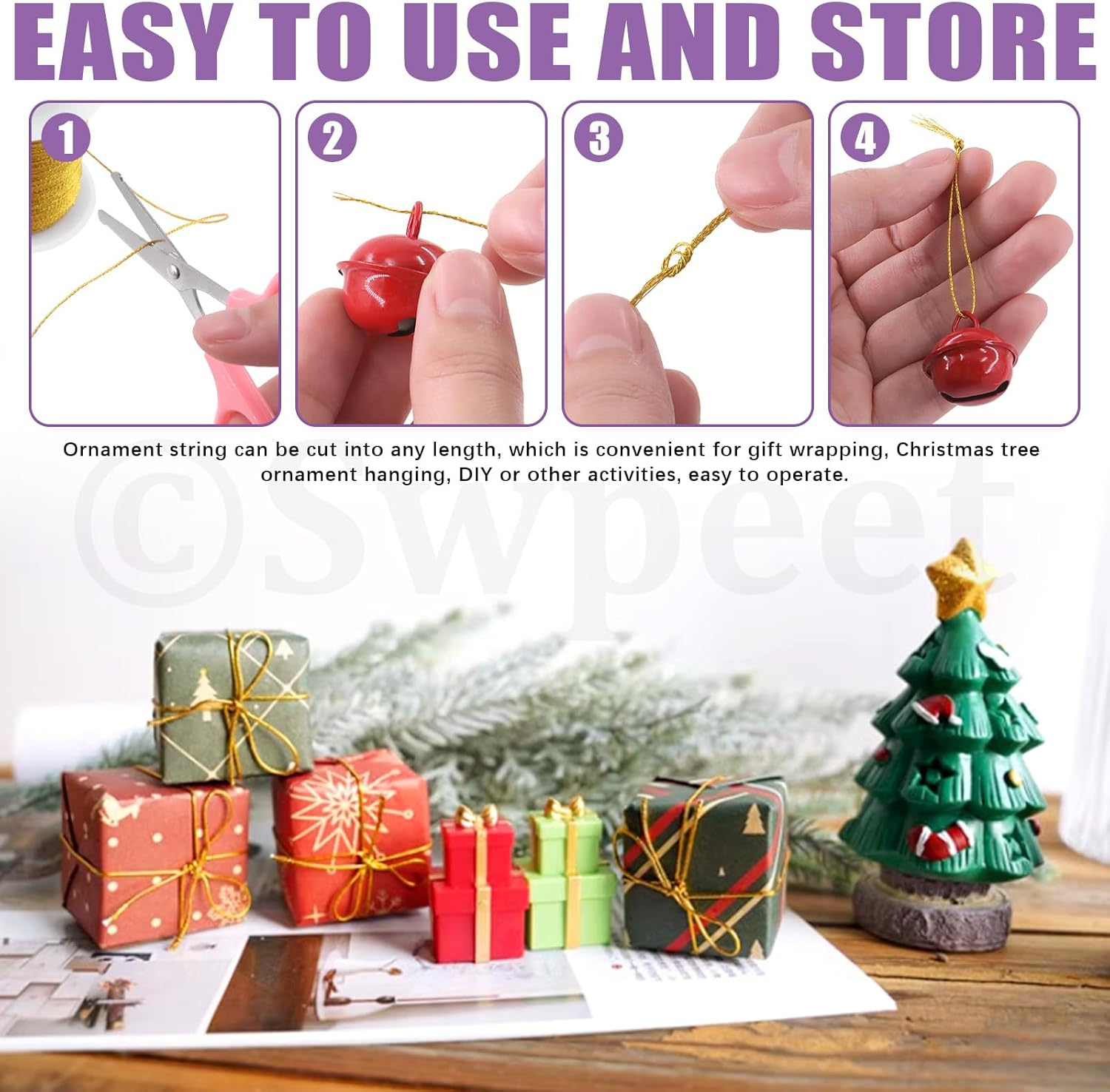 Swpeet 9Pcs 8 Colors 55 Yards Metallic Elastic Cords with Scissors, Metallic Cord Tinsel Rope, Metallic Stretch Cords Elastic Cords Ribbon for Craft Gift Wrapping Christmas Jewelry Making image number 2