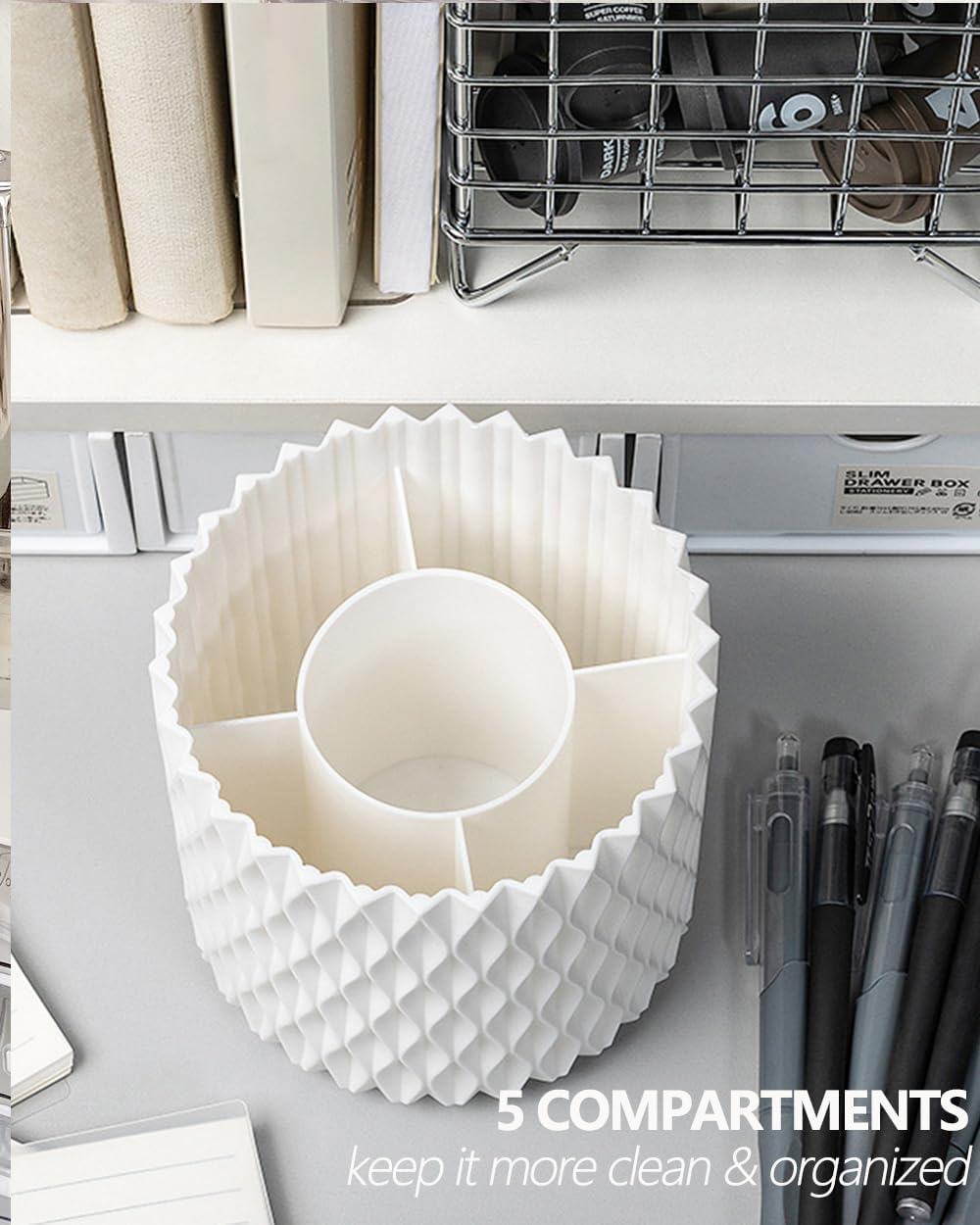 Rotating Pen Pencil Holder for Desk, 5 Slots Unique White Desk Pen Organizer Easthetic Desktop Supplies and Accessories for Women Girls, Pen Cup Pencil Caddy for Office Home Art Supply image number 5