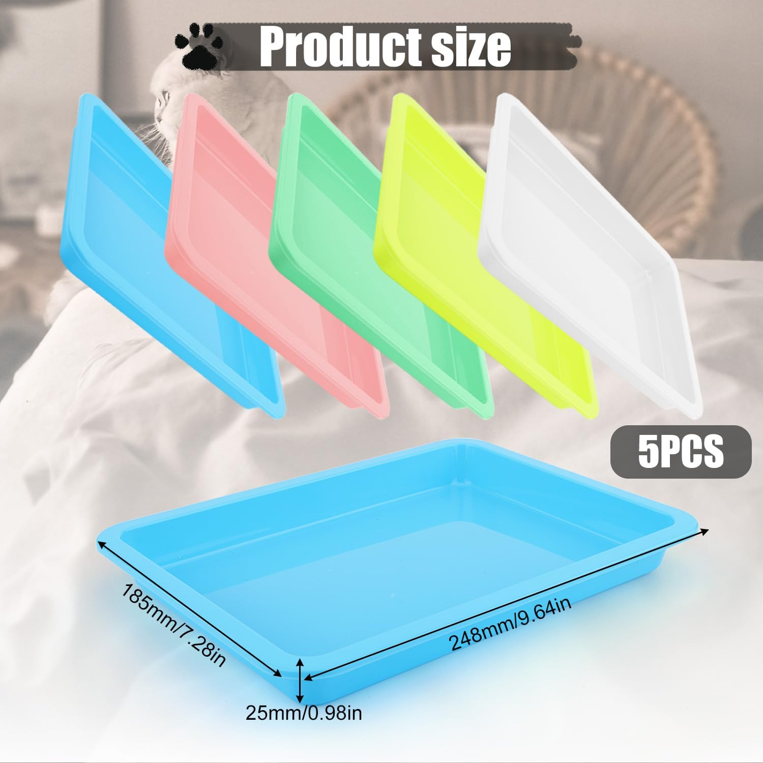 5Pcs Plastic Cat Litter Trays, Shallow Litter Box - Cat Waste Tray for Indoor Kittens (5 Colors)