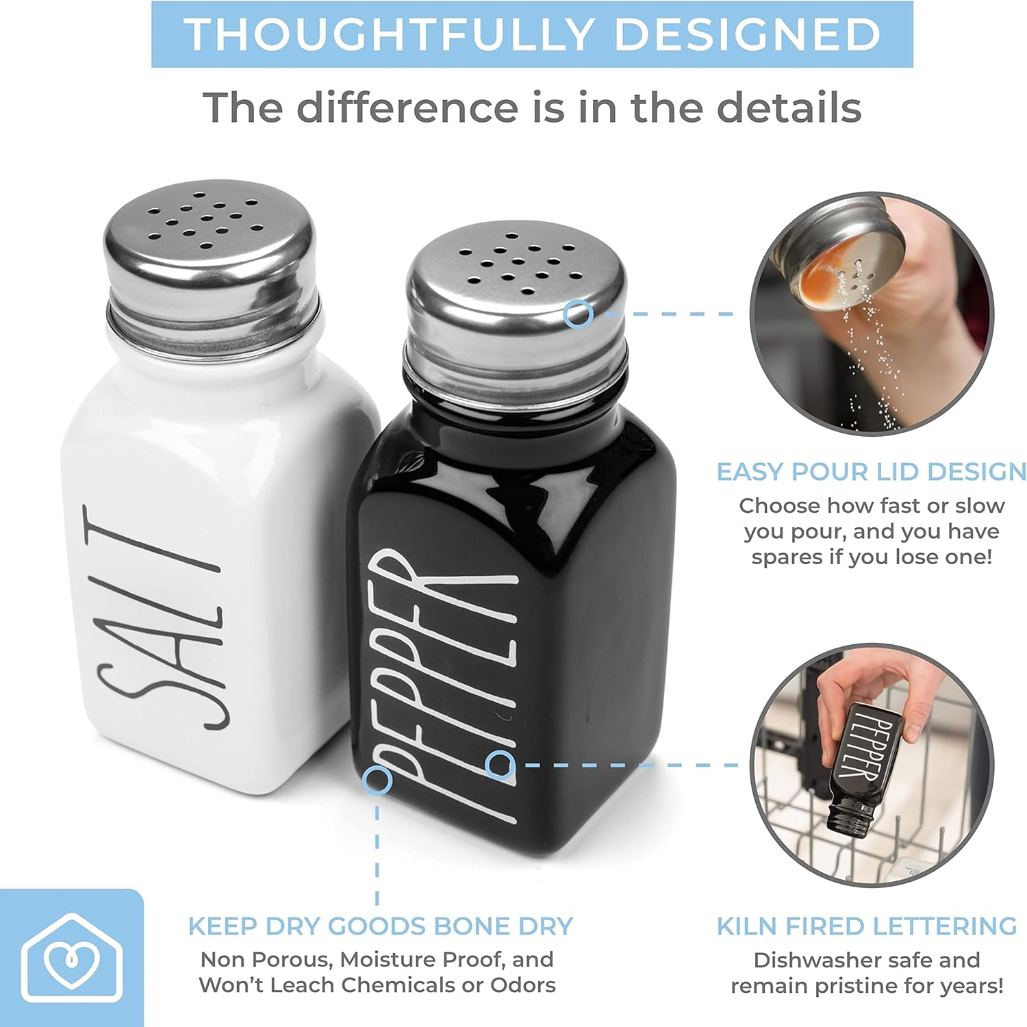 Heartland Home Farmhouse Ceramic Salt and Pepper Shakers Set with Extra Lids. 100% Stoneware Salt and Pepper Shaker Set. Black Pepper and White Salt Shaker with Lid X4. Kitchen Salt Pepper Shakers image number 6