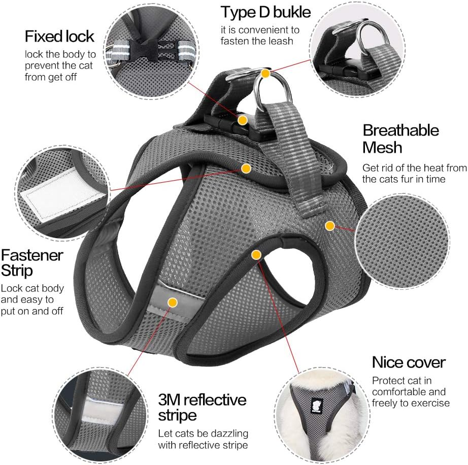 Dotoner Cat Outdoor Walking Harness Set, Pet Vest Cat Harness Breathable Mesh, Adjustable Reflective Cat Chest Straps with Escape Proof Buckle (L (Pack of 1), Grey) image number 3