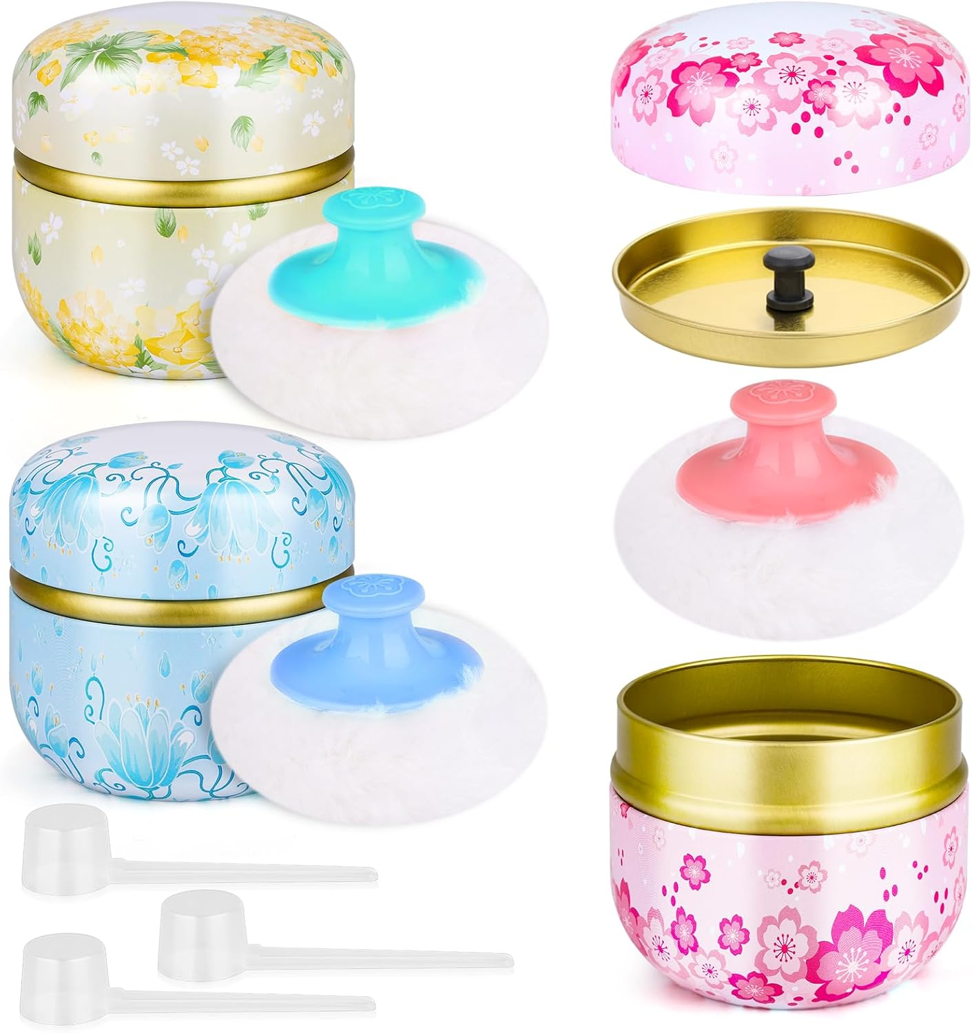 3 Pieces Body Powder Puff and Container, Baby Powder Container Floral Pattern with Large Fluffy Plush Puff Spoon, Baby Woman Loose Dusting Powder Tea Box for Home & Travel Use (Pink, Blue and Yellow)