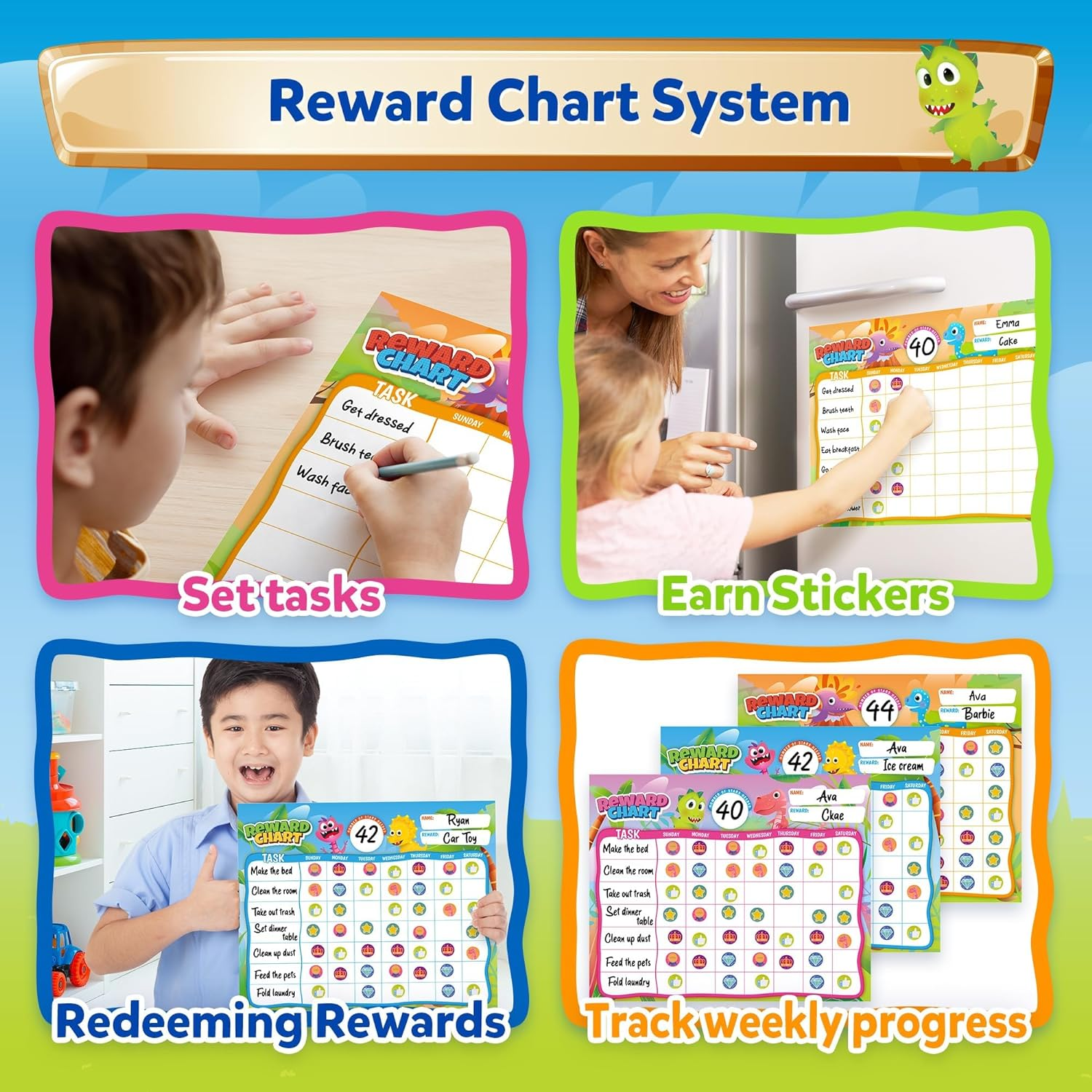 D-Fantix Reward Chart for Kids - Pad with 27 Customized Chore Charts, Behavior Chart for Kids at Home, Sticker Chart to Motivate Responsibility and Good Habits, 2280 Stickers & 48 Incentive Stickers image number 3