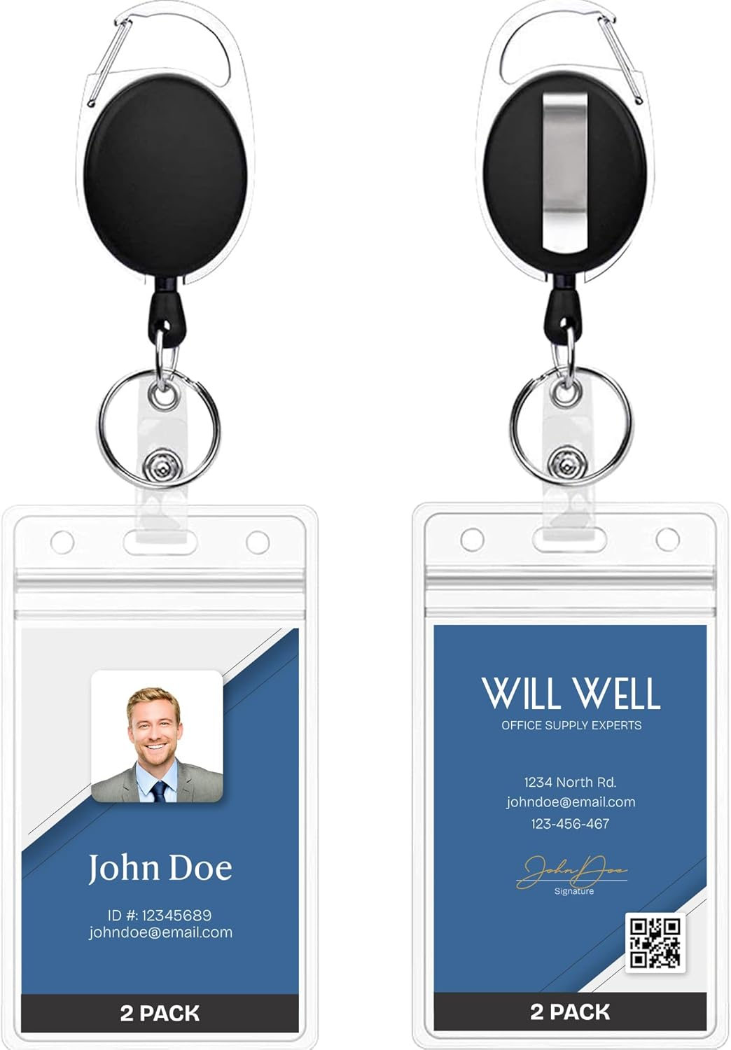 2 Pack ID Badge Holder with Clip Badge Reels Retractable Heavy Duty Clear Id Card Vertical Lanyard Holder with Carabiner Badge Reel with 24 Inches Pull Cord