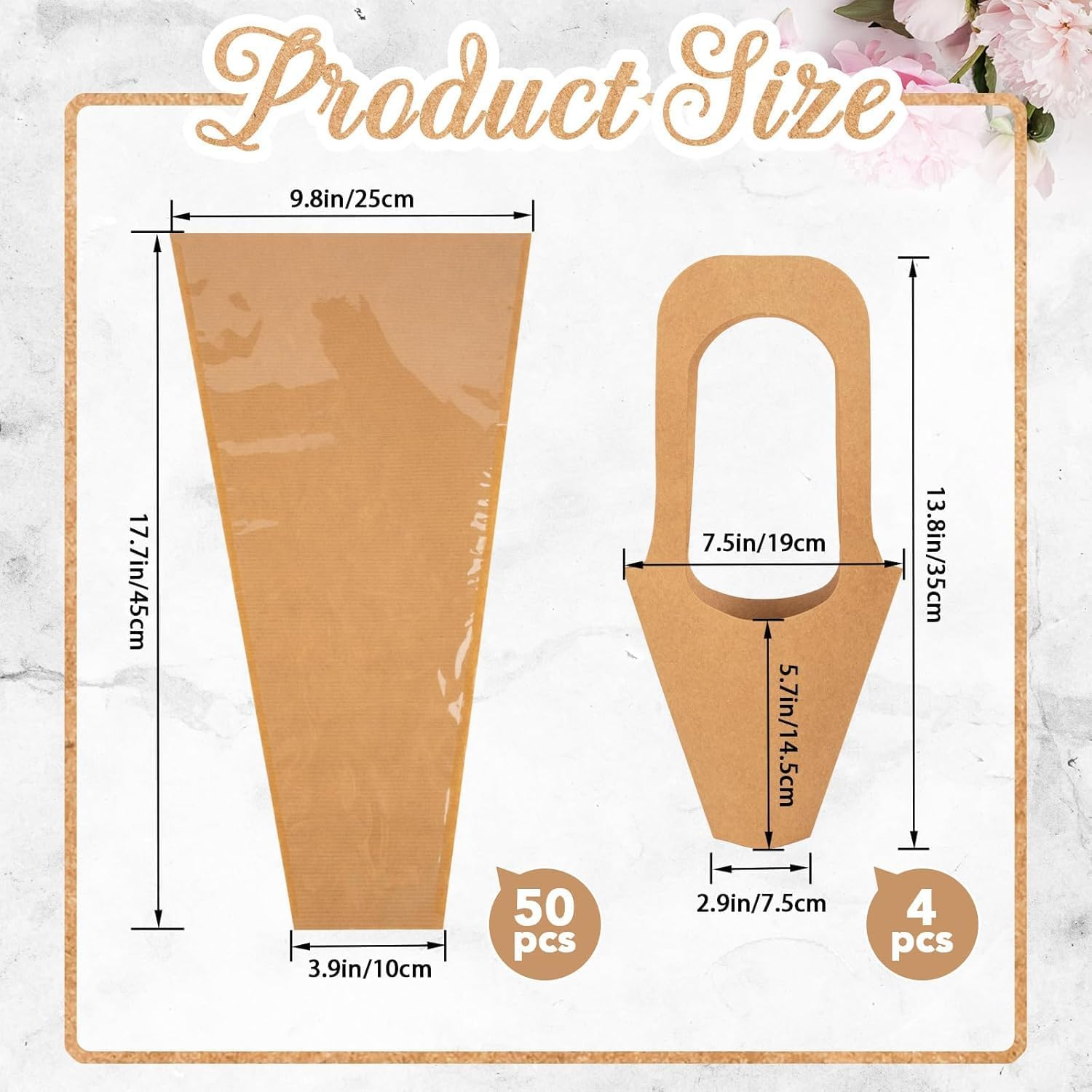 50 Pcs Flower Wrapping Bags, Clear Kraft Paper Bulk with 4 Pcs Kraft Bouquets Wrap Bags, Floral Packing Sleeves for Bouquet Bridal Shower Wedding Birthday Graduation Anniversary Supplies image number 3