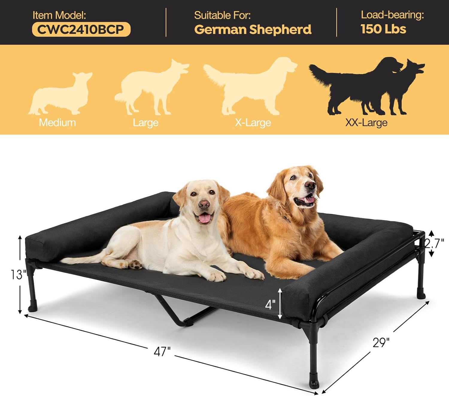 Veehoo Elevated Raised Dog Bed-Cooling Outdoor Dog Cot Bed for Large Sized Dogs Three-Sided Fence Raised Pet Cot with Mesh & No-Slip Feet Dog Hammock Bed with Removable Bolster-47 X 29" Black