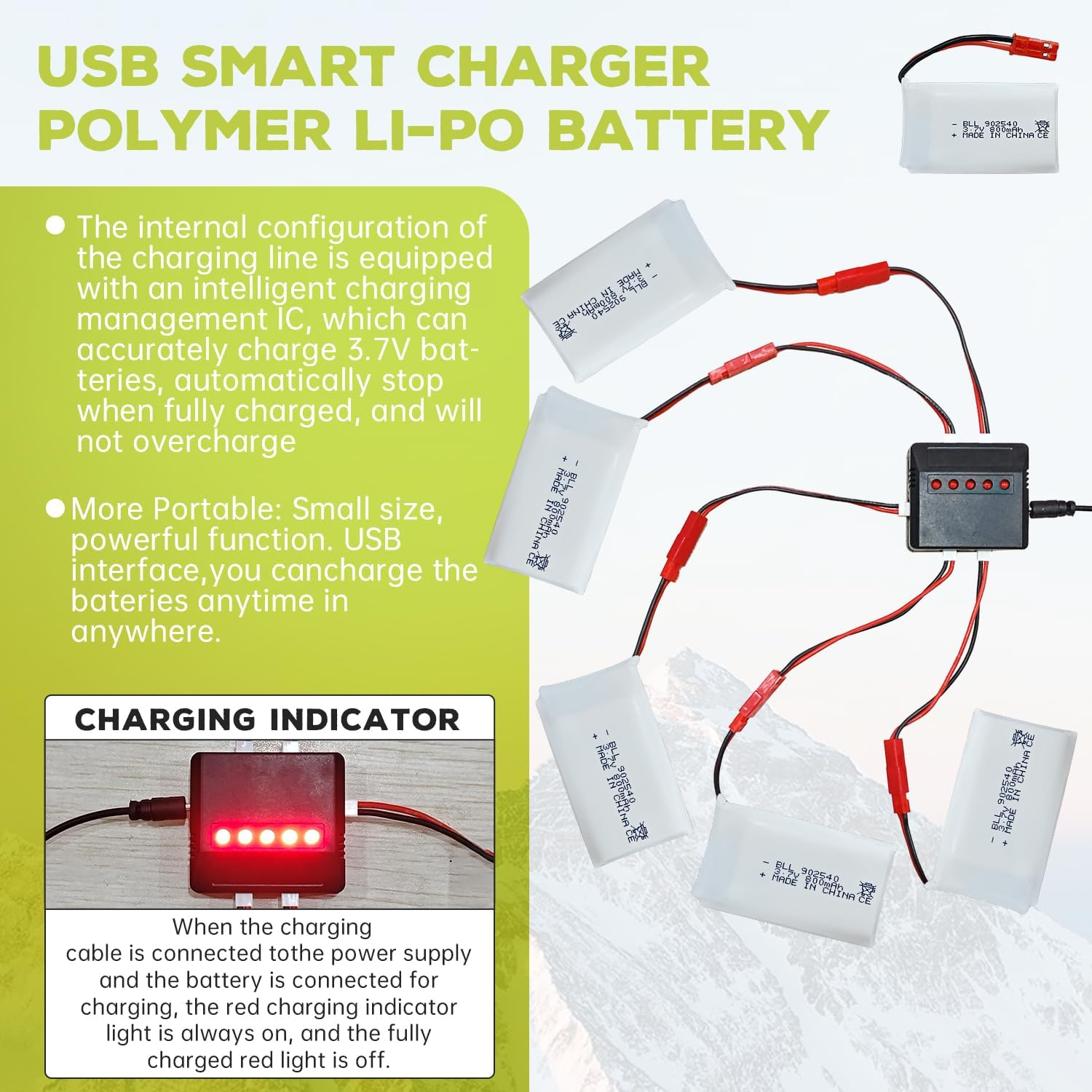 Fytoo 5PCS 3.7V 800Mah Lipo Battery Remote Control Drone Battery with 5In1 Charger JST Plug Suitable for SYMA X56W MJX X400W X300C X800 HS110 HS200 S670 V950Hd S1750 V2450 RC Quadcopter Battery image number 6