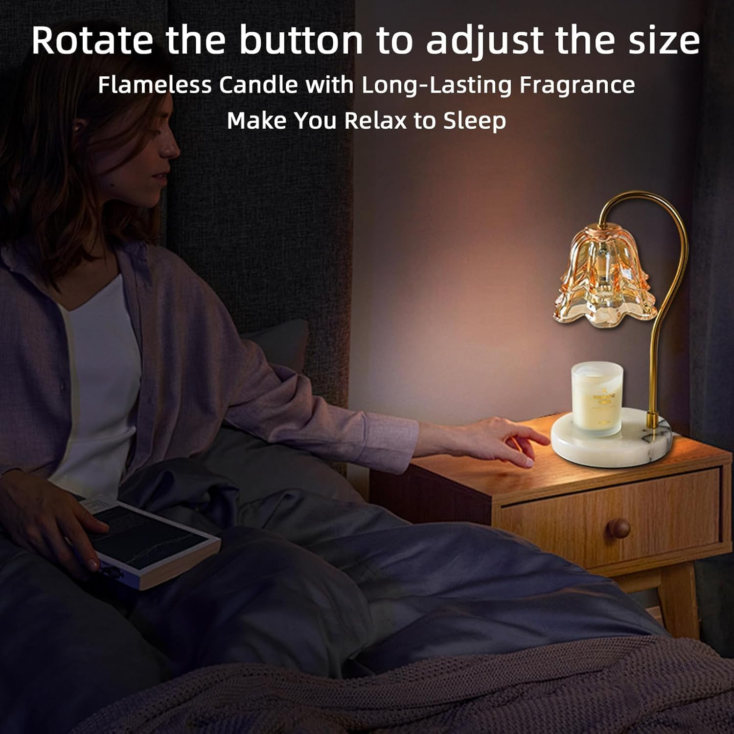 Candle Warmer Lamp, Flower Glass Candle Warmer Light, Dimmable Table Lamp, Vintage Candle Lamp with Marble Base, for Women, Mom, Female Friend, Romantic Vintage Style Gifts (Amber) image number 4