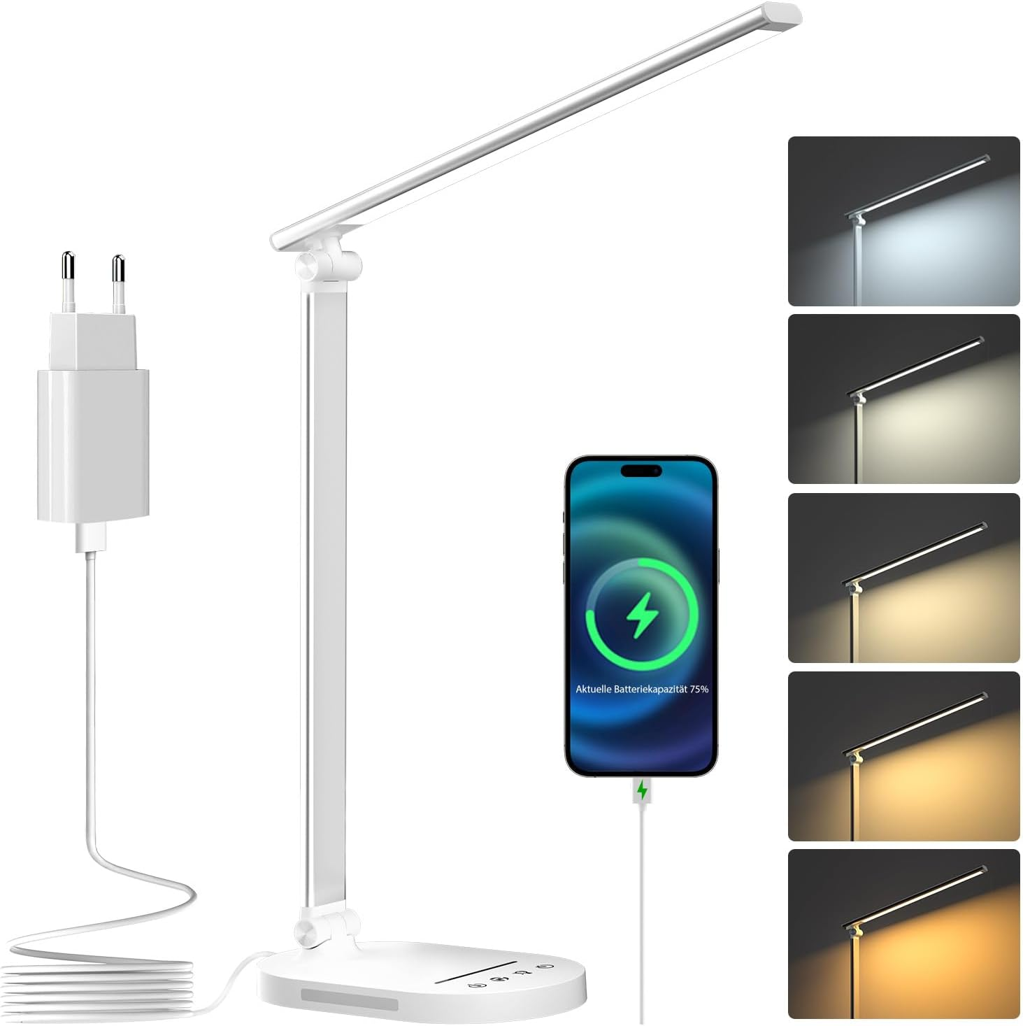 HASKARE Desk Lamp LED Dimmable Table Lamp, 5 Colour Modes and 5 Brightness Levels, Anti-Glare Eye Protection Desk Lamp, USB Charging Port, with 5V/2A Power Adapter