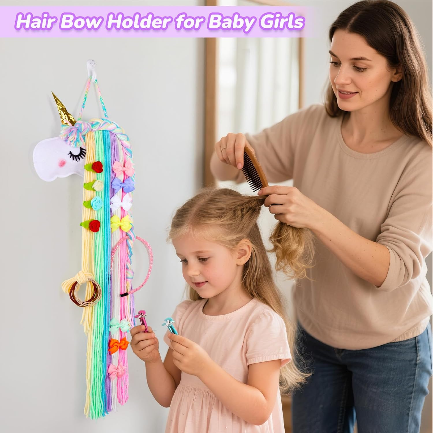 Basumee Unicorn Hair Bow Holder for Girls Wall Hanging Decor and Baby Hair Clip Hanger Organizer Rainbow Unicorn image number 4