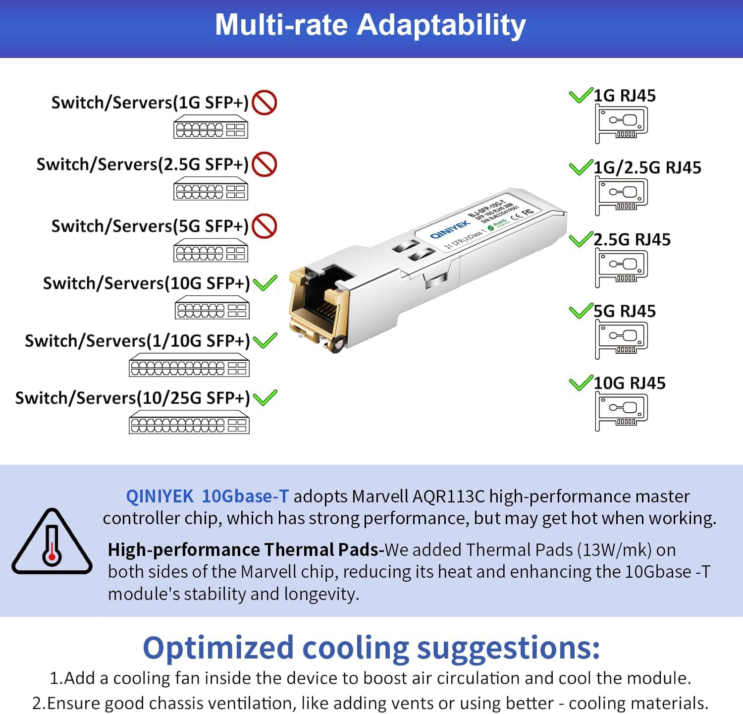 [Pack of 1] 1.25/2.5/5/10G-T SFP+ to RJ45 Transceiver, Copper Ethernet Module, Compatible for Cisco SFP-10G-T-S, Mikrotik S+RJ10, Ubiquiti UF-RJ45-10G, Netgear AXM765, Netgear, Tp-Link, Fortinet, 30M - X4, 1.25/2.5/5/10Gbase-T: 30M X4 image number 7