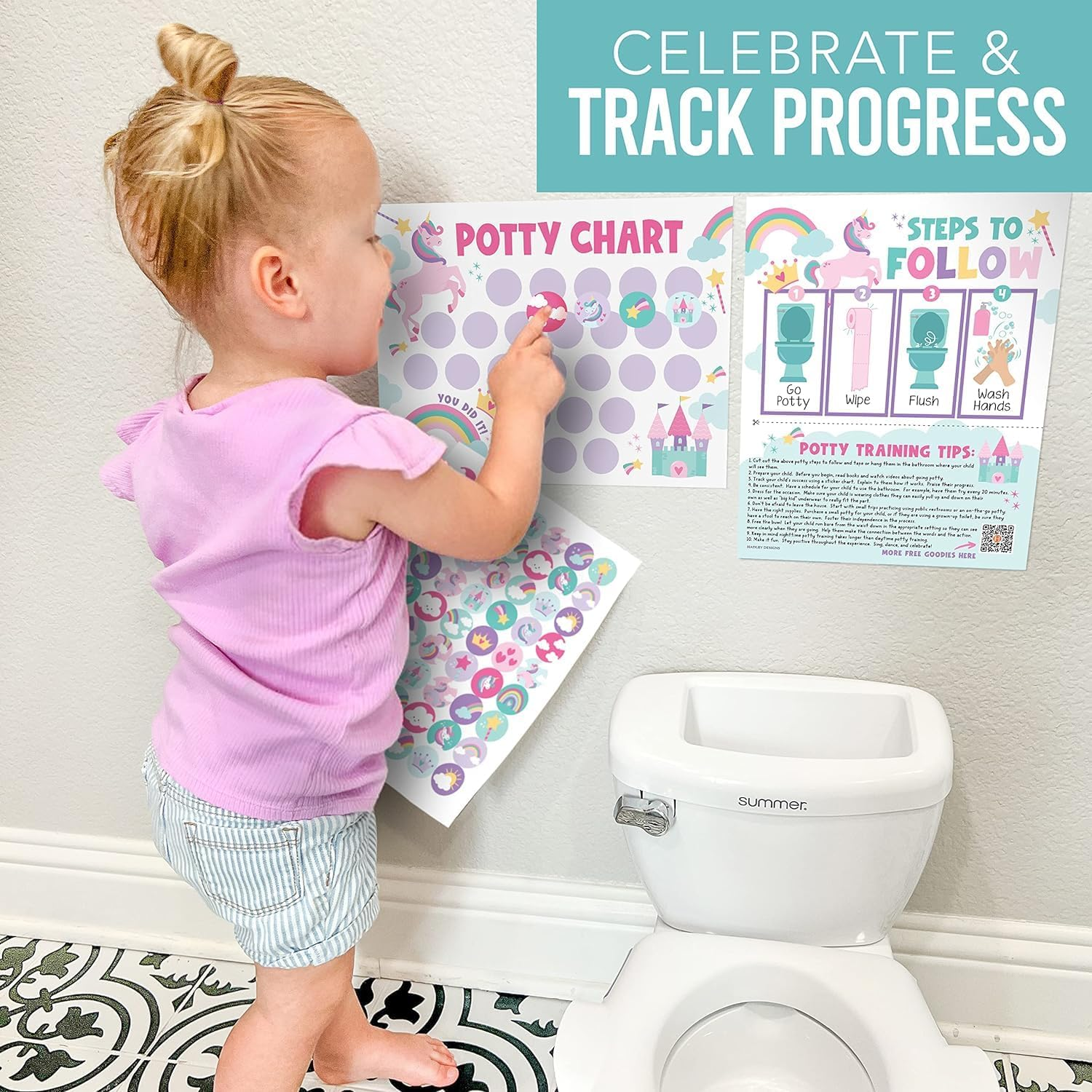 Unicorn Potty Training Rewards Sheet with Stickers - Potty Training Stickers Pictured Are Girls and Boys, Potty Training Rewards Pictured Are Children, Potty Training Rewards Pictured Are Children image number 4
