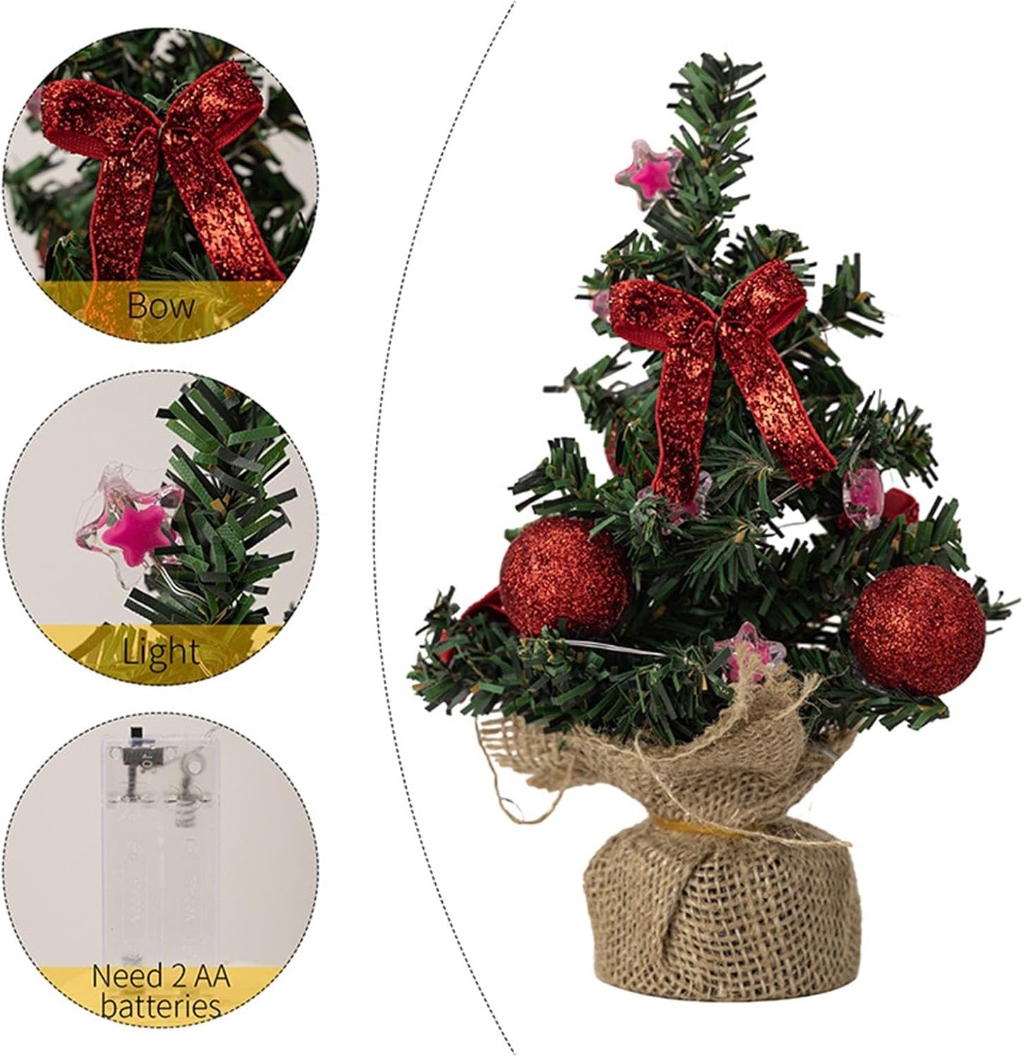 Table Top Lighted Christmas Tree | 3X Green Tabletop Christmas Tree | Burlap Base Design Small Artificial Festival Lights for Dining Room image number 4