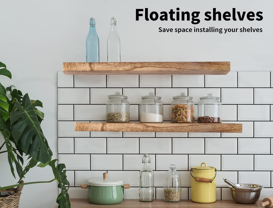 LEVEDE 2 Pcs Floating Shelves Wall Mounted Storage Solid Wood Display Shelf, 2 Small Wall Shelves for Bedroom Living Room Bathroom Kitchen Decor(90X 15 X 3.8Cm) image number 4