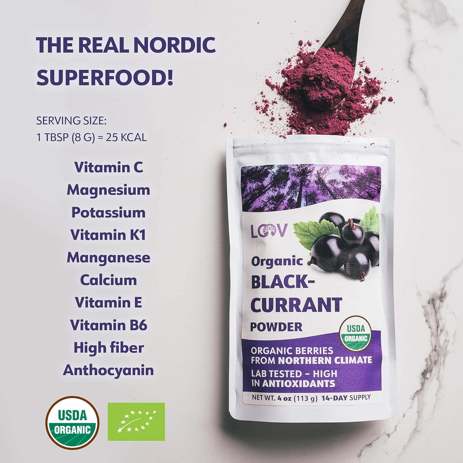 LOOV Organic Blackcurrant Powder, Made from 100% Whole Blackcurrants, Freeze Dried and Powdered Organic Blackcurrants, 113 Grams, 14-Day Supply, Grown in Northern Europe, No Added Sugar image number 5