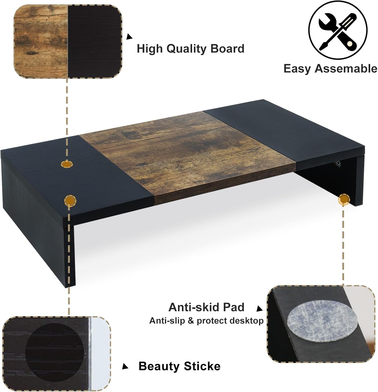 TEAMIX 20 Inch Monitor Riser, Wood Monitor Stand for Desk, Sturdy Tv/Screen/Pc/Printer/Laptop Riser,Computer Shelf with Storage TV Holder for Home Office - Black image number 5