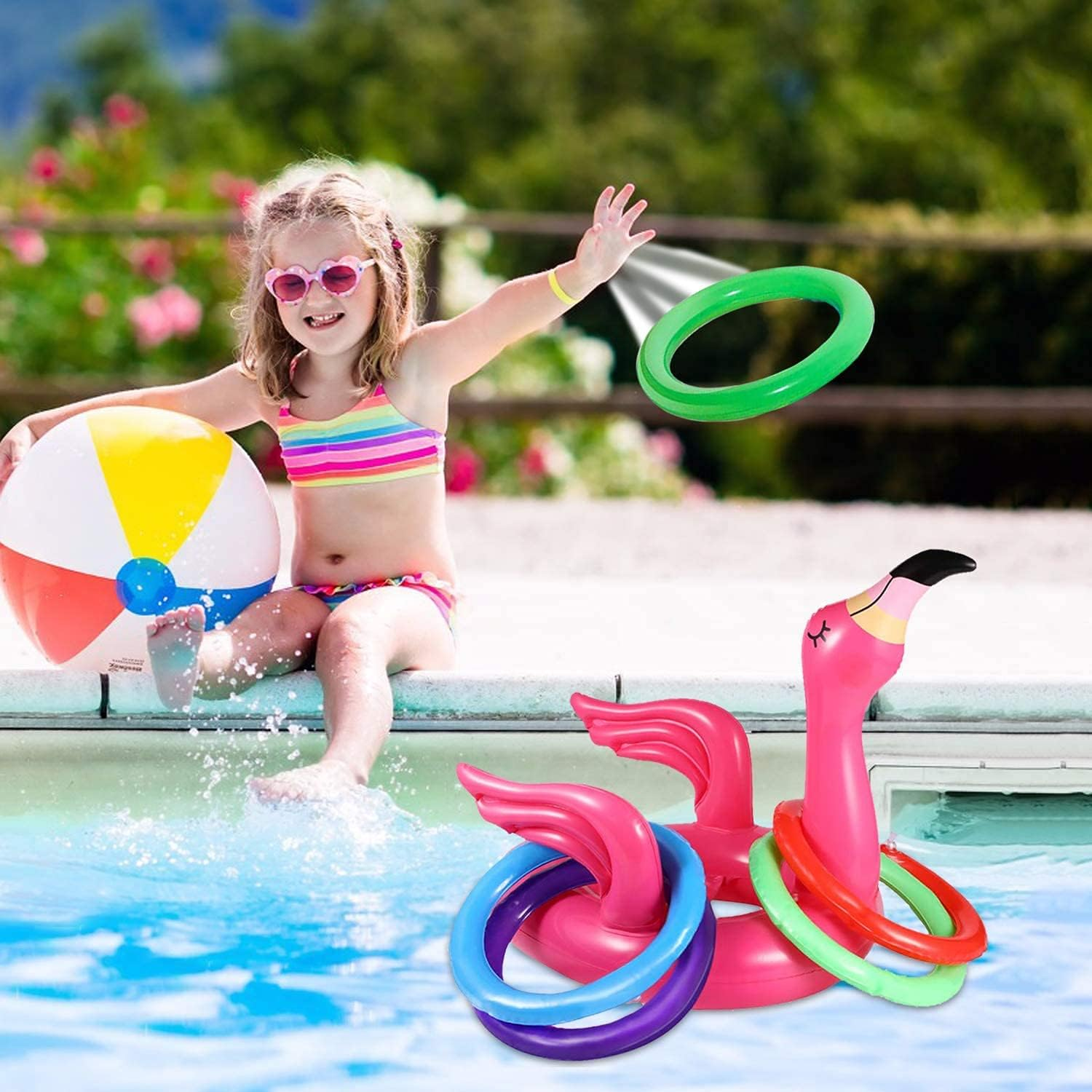 Camlinbo 3 Pack Flamingo Ring Toss Pool Game Toys, Inflatable Pool Toys Hawaiian Luau Beach Party Supplies Carnival Outdoor Summer Pool Party Games for Kids Adults Family (3 Flamingo,12 Rings) image number 4