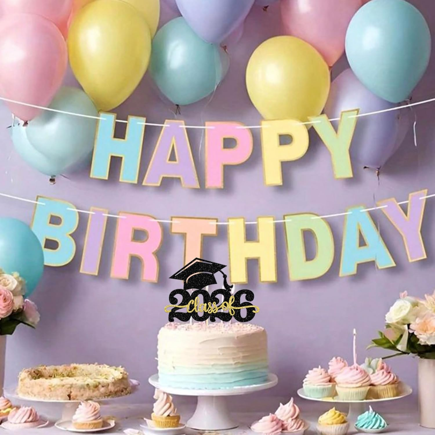 1 Pack Class of 2026 Cake Topper Glitter Congrats Grad Cap 2026 Graduation Cake Pick for 2026 Graduation Theme High School Boys Girls Graduate Party Cake Decorations Supplies