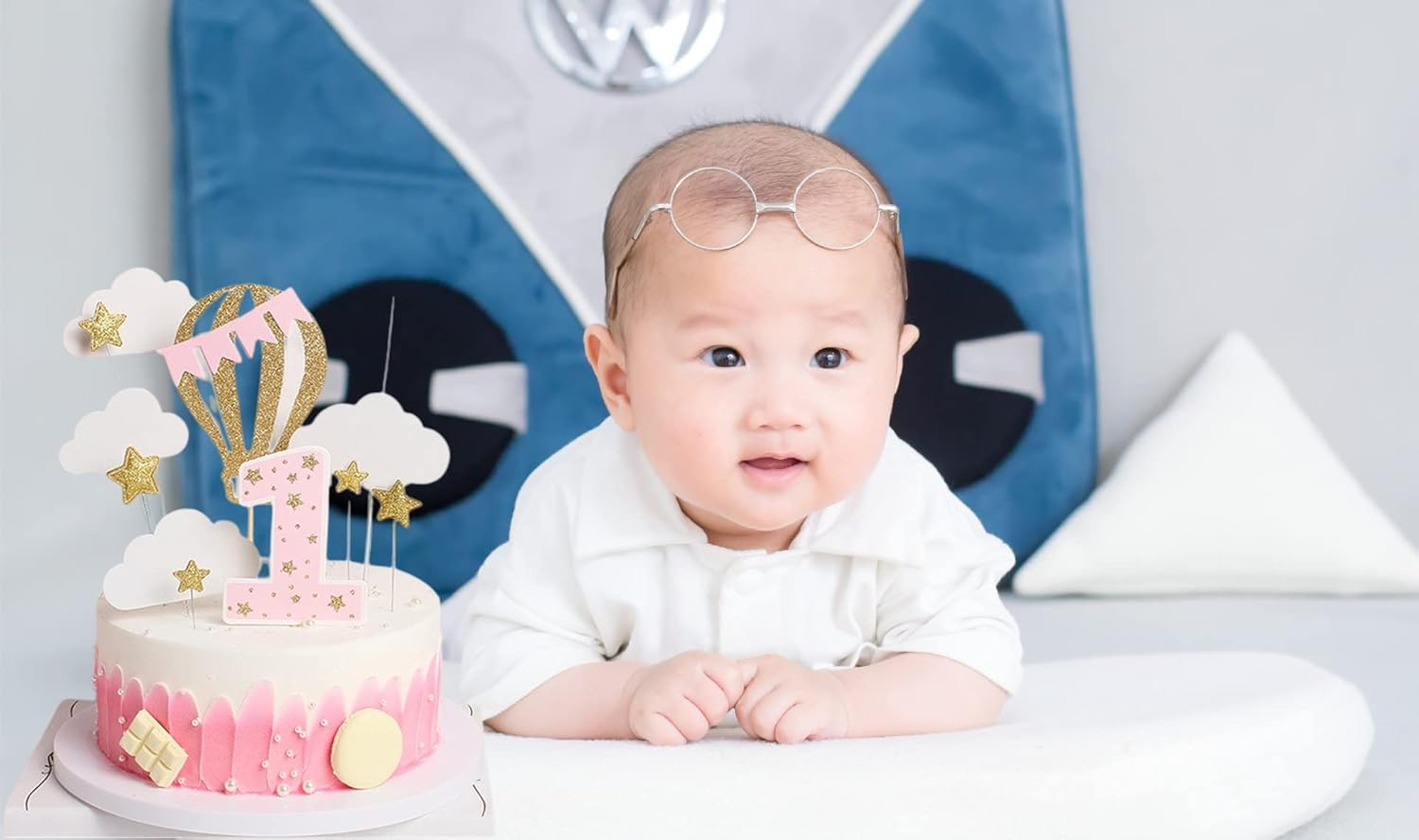 12 Pack Hot Air Balloon Cake Topper with White Cloud Little Stars for Boys First Birthday Party Decorations (Pink) image number 6