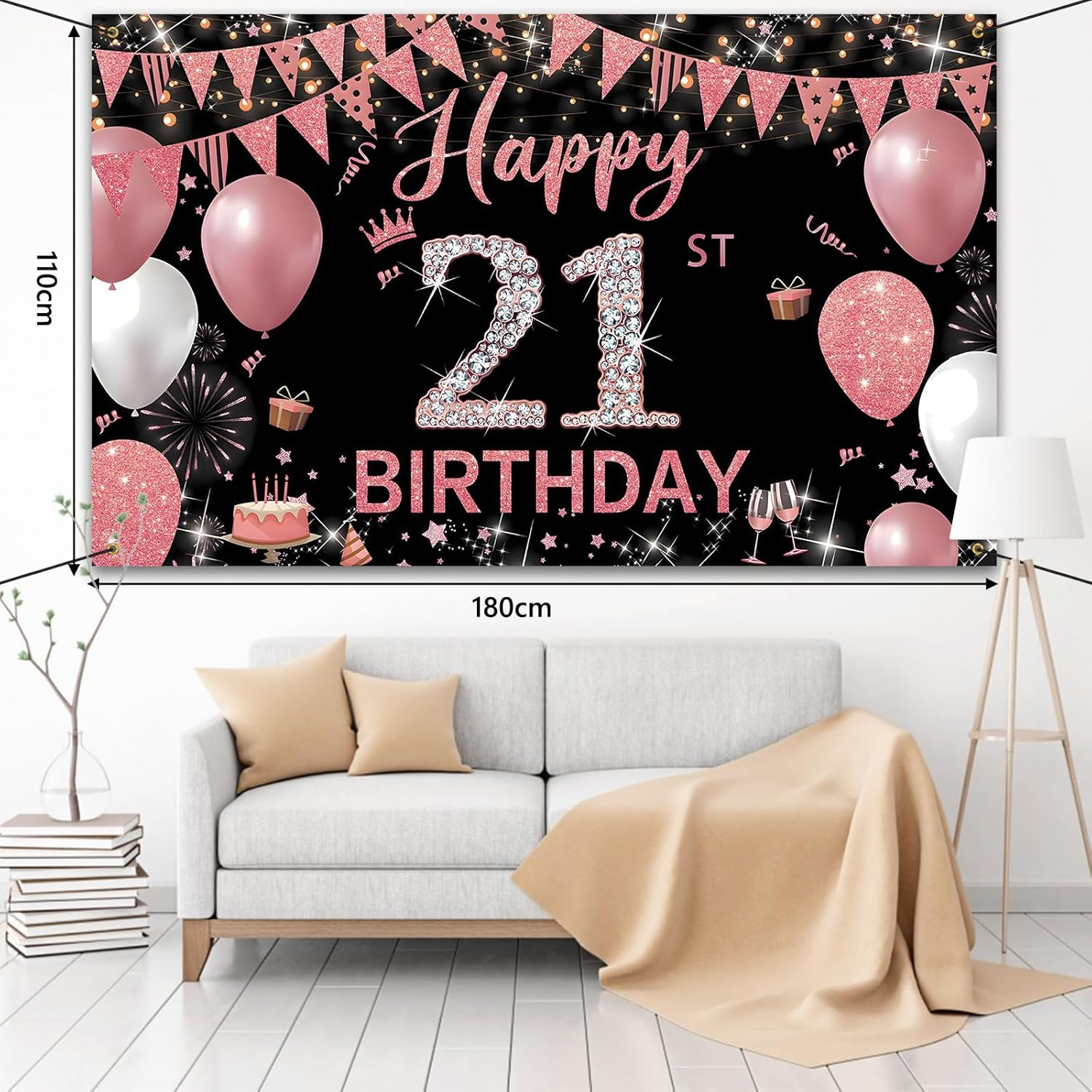 Happy Birthday Banner, 21St Birthday Decorations Backdrop, Extra Large Black Pink Party Decorations, Perfect Birthday Party Supplies Photography Background for Boys, and Grils, 180X110Cm - Pink 18Th image number 2