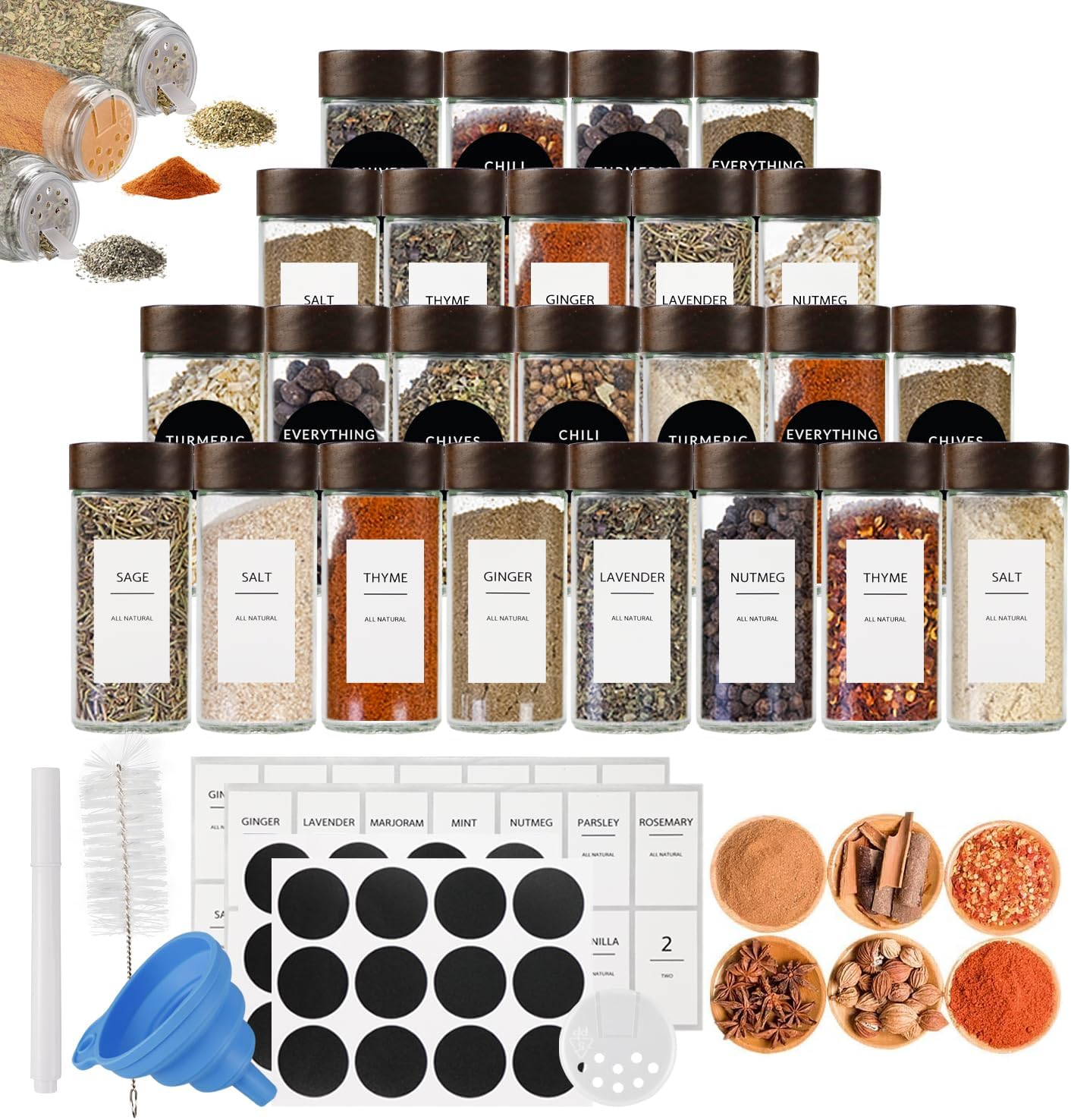 Necomi 24Pack Spice Jars with Labels & Bamboo Lids，120Ml/4Oz Kitchen Glass Spice Jars, Spice Containers with Shaker Lids, Label, Pen, Brush, Silicone Funnels (24Pcs) image number 6