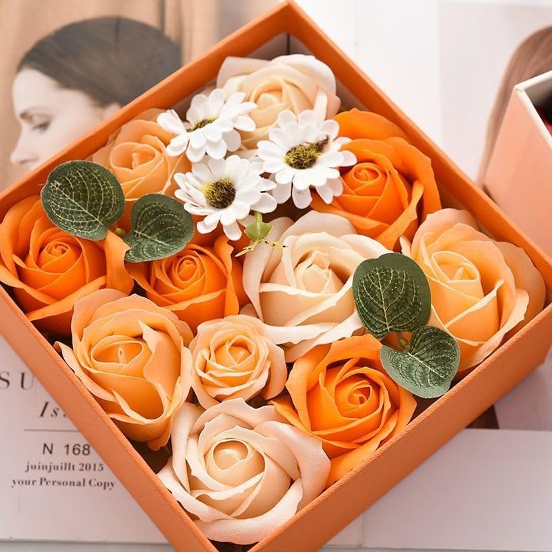 Rose Bath Soap - Rose Flower Floral Scented Rose Soap Petals in Flower Box, Transparent Window Soap Flower for Women Plant Essential Oil Flower Soap Set for Birthday Valentine&rsquo;S Christmas （Orange） image number 3