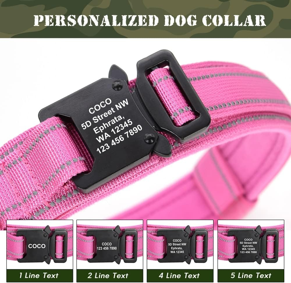 Personalised Tactical Dog Collar with Heavy Duty Metal Buckle Soft Flannel Padded Reflective Military Collars with Control Handle Adjustable Nylon K9 Collar for Medium Large Dogs (BLACK,L) image number 3