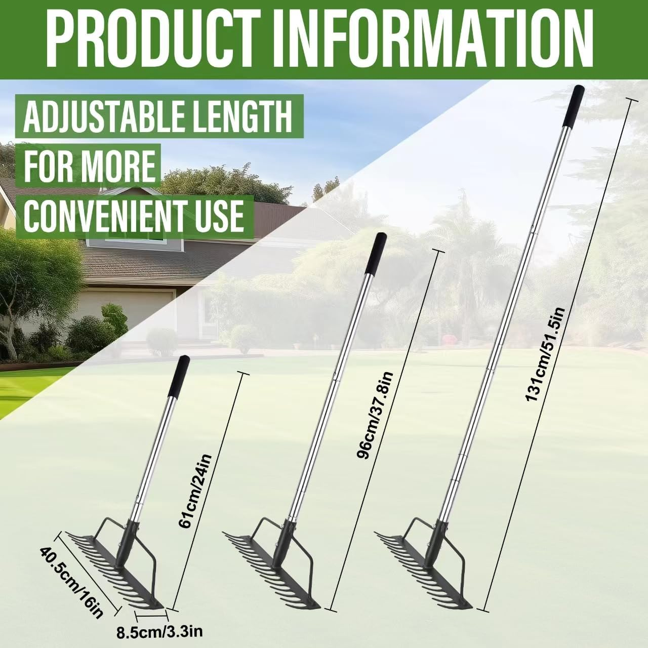 15 Inch Wide Heavy Duty Bow Rake, 16 Steel Tines Metal Head Rake Tool with Stainless Steel Handle, Adjustable Long Handle Garden Rake for Loosening Soil Leveling Mulch Gathering Lawns Leaves image number 2
