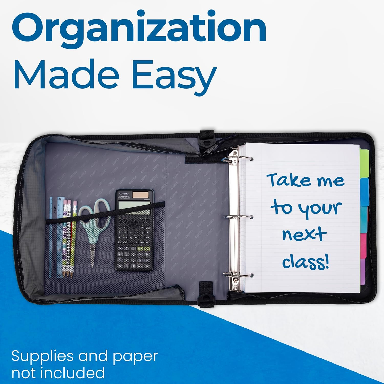Case-It the Classic Zipper Binder - 2 Inch O-Rings - Multiple Pockets - 800 Sheet Capacity - Comes with Shoulder Strap - Midnight Blue D-251 image number 3