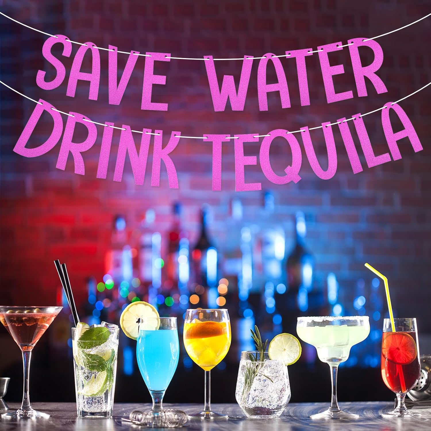 Save Water Drink Tequila Banner, Shiny Tequila Themed Sign Backdrop Bachelorette Party Decorations for Fiesta Bar Club Home Decor (Rose Red) image number 2