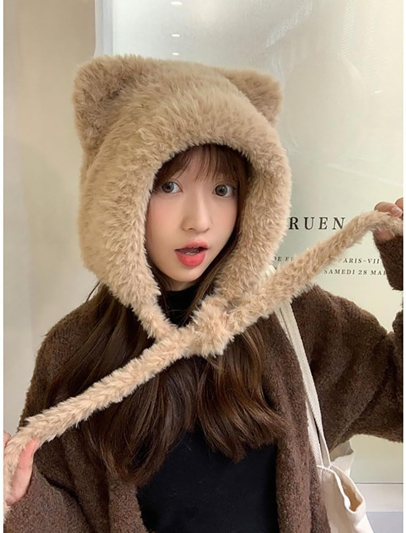 Women Winter Beanie Hats Knit Ear Flaps Cute Stuffed Bear Ears Fleece Lined Fluffy Ski Snow Hat - Khaki image number 5