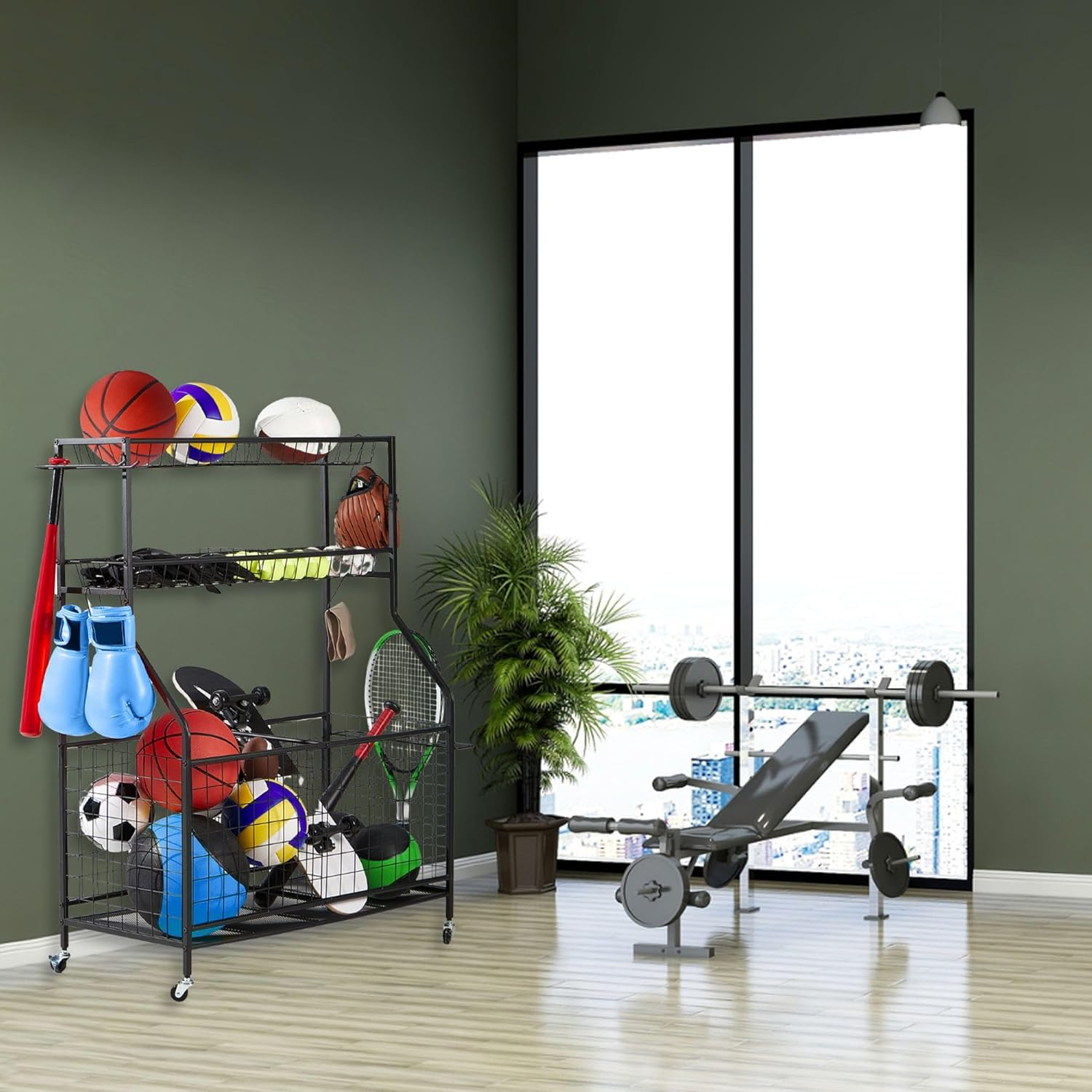 LUGO Heavy-Duty Garage Sports Equipment Organizer with Wheels, Indoor/Outdoor Ball Storage Rack with Baskets and Hooks, Ball Holder with Lockable Wheels, for Home, Garage, Kids Toys, Sports Gear image number 5