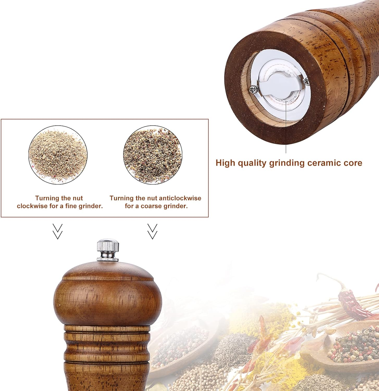 Wood Pepper Grinder Pepper Mill,Adjustable Coarseness 8 Inch Wooden Peppermill, Ceramic Grinding Mechanism Salt Mill Refillable (1 Pack) image number 6