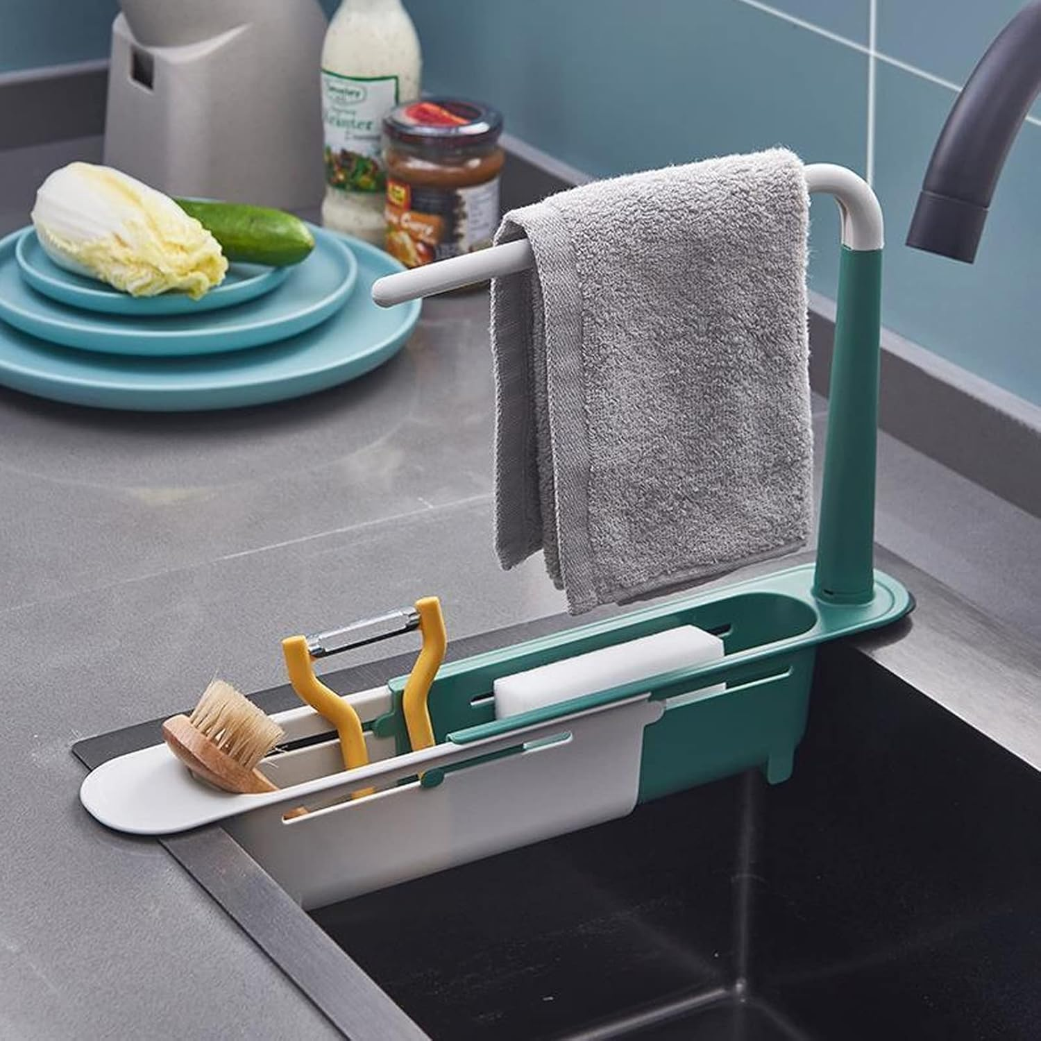 Telescopic Sink Storage Rack, Expandable Utility Farmhouse Accessories Sink Multifunctional Updated Adjustable Rollable Sponge Holder for Kitchen Dishes Cups Fruits(Green) image number 5