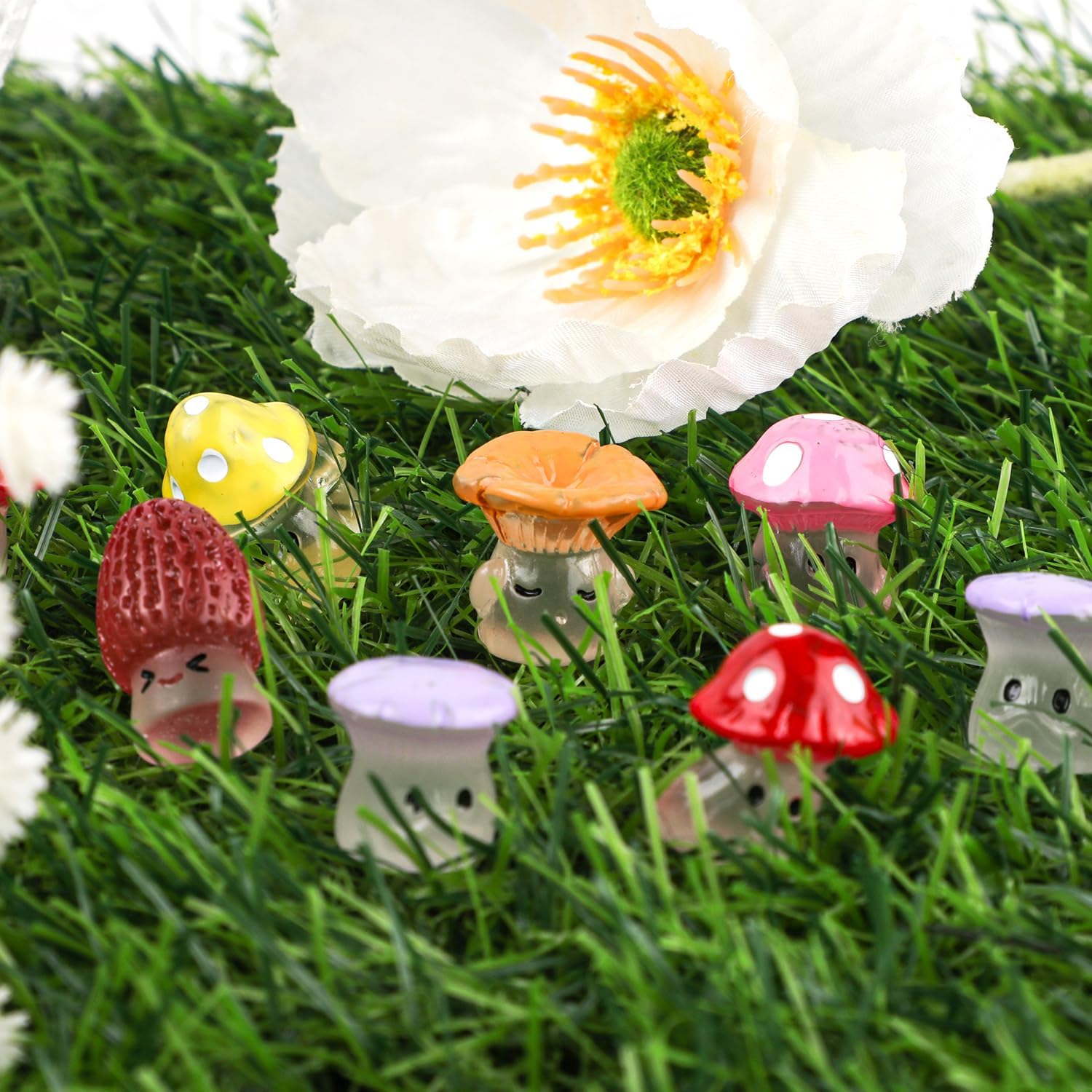 30Pcs Luminous Mini Mushrooms, Cute Tiny Resin Mushrooms Figurines Miniature Mushroom Statue Decor Small Glow Mushroom Decorations for Micro Landscape Patio Garden Craft Home Decoration