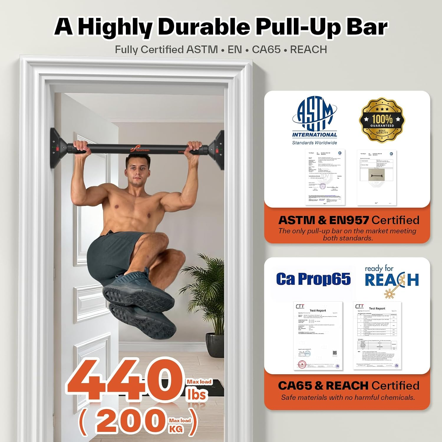 Sportneer Pull up Bar: Strength Training Chin up Bar without Screws - Adjustable 75-94Cm Width Locking Mechanism Pull-Up Bar for Doorway - Max Load 200Kg for Home Gym Upper Body Workout Non-Slip image number 2