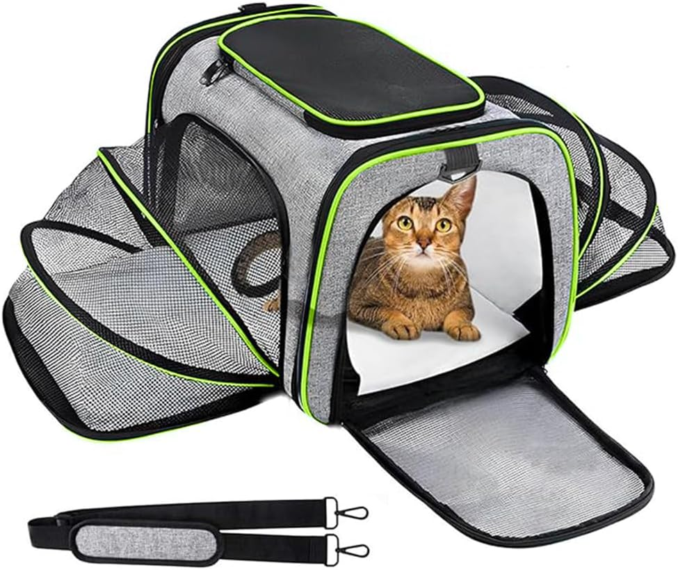 Expandable Pet Carrier, Hand-Held Foldable with Mesh Pocket, Large Capacity Pet Travel Bag with Fleece Pad, Suitable for Kittens, Rabbits, Puppies and Small Animals. (Gray Green) image number 4